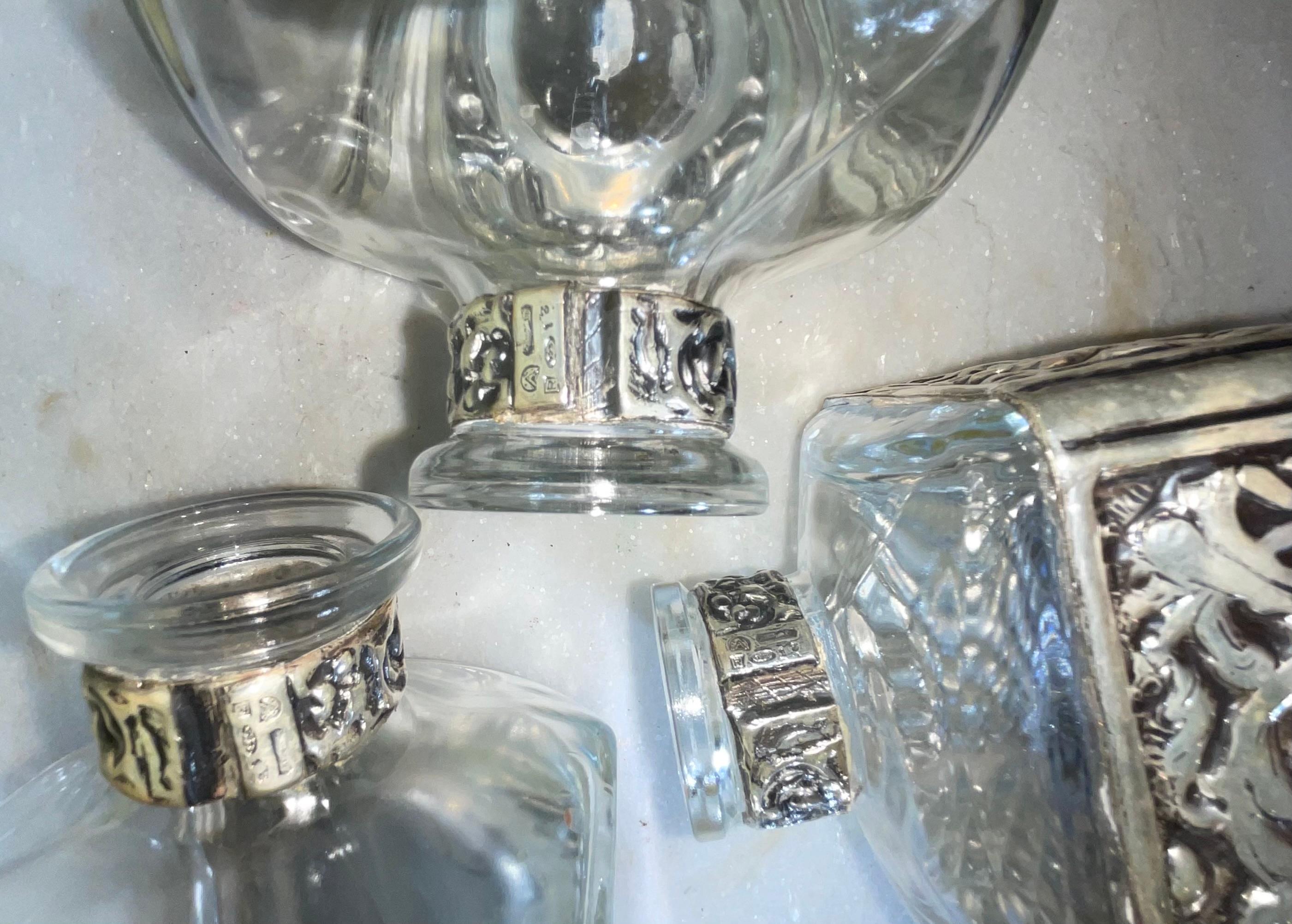 Three Vintage Crystal Decanter Set With Silver Plate Tray For Sale 5