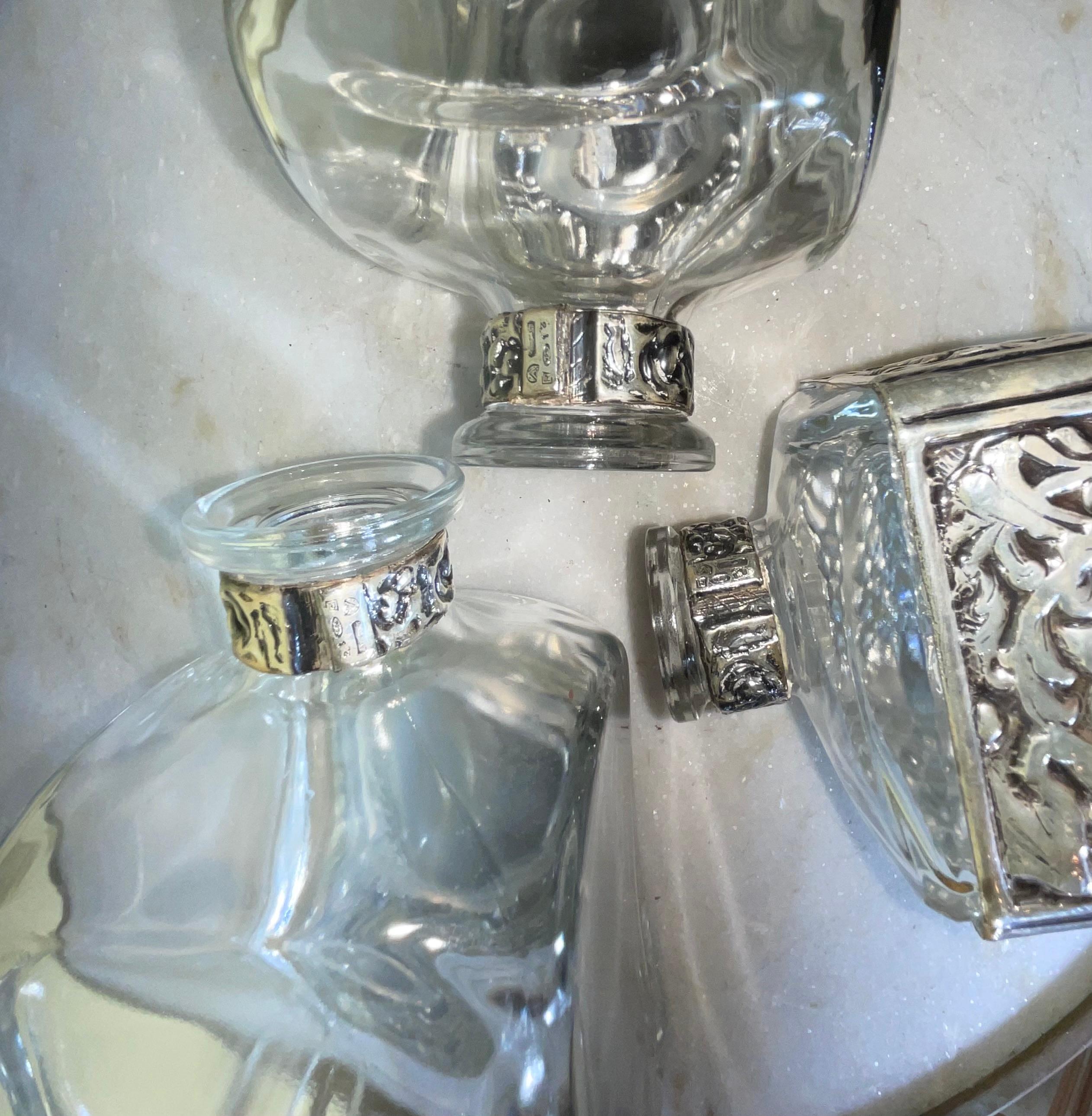 Three Vintage Crystal Decanter Set With Silver Plate Tray For Sale 6