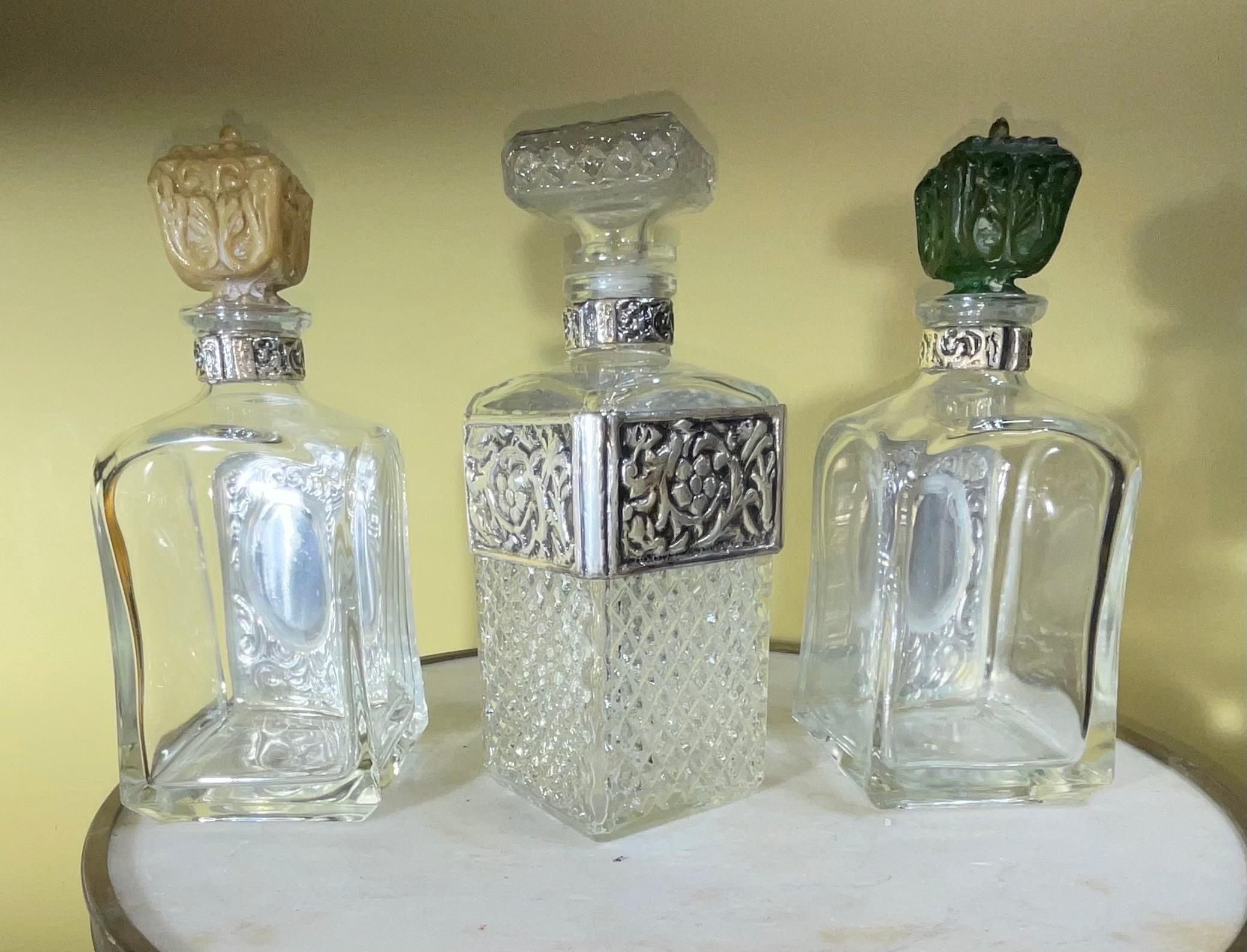Three Vintage Crystal Decanter Set With Silver Plate Tray For Sale 8