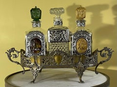 Three Vintage Crystal Decanter Set With Silver Plate Tray