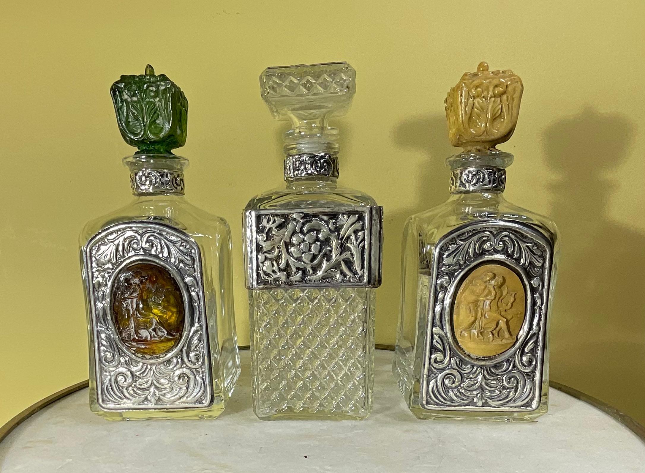Three Vintage Crystal Decanter Set With Silver Plate Tray In Good Condition For Sale In Delray Beach, FL