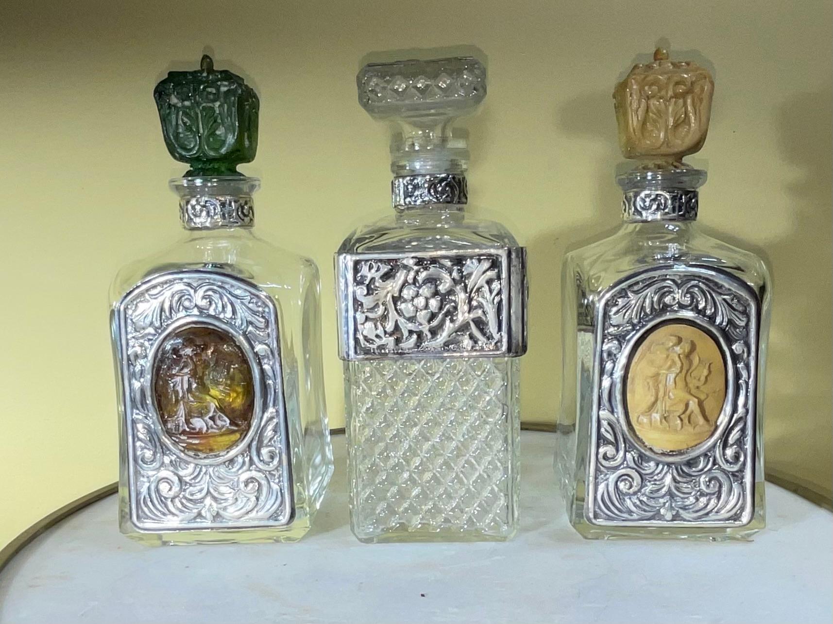 Three Vintage Crystal Decanter Set With Silver Plate Tray For Sale 2
