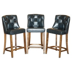THREE VINTAGE GREEN LEATHER CHESTERFIELD TUFTED KITCHEN DINER BAR STOOLs