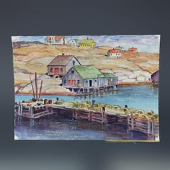 Three Vintage Harbor Shore Scene Watercolor on Paper, Two Signed Kraus