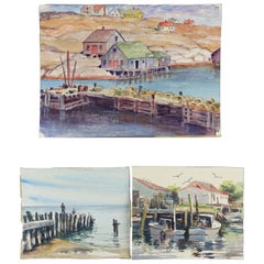 Three Vintage Harbor Shore Scene Watercolor on Paper, Two Signed Kraus