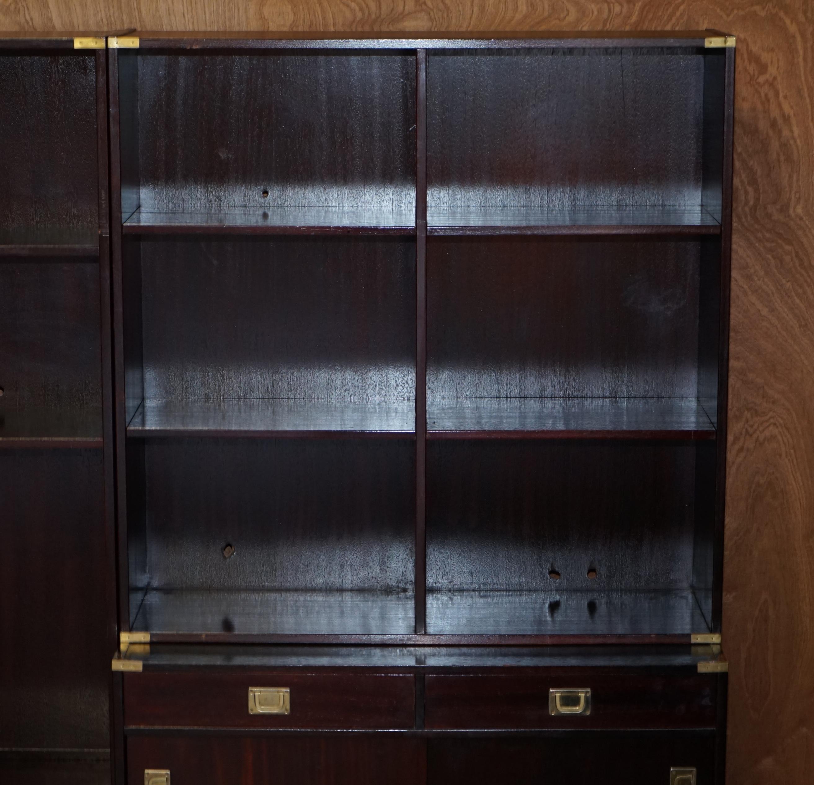 Three Vintage Hardwood Finish Military Campaign Bookcases Used for Media Storage For Sale 5