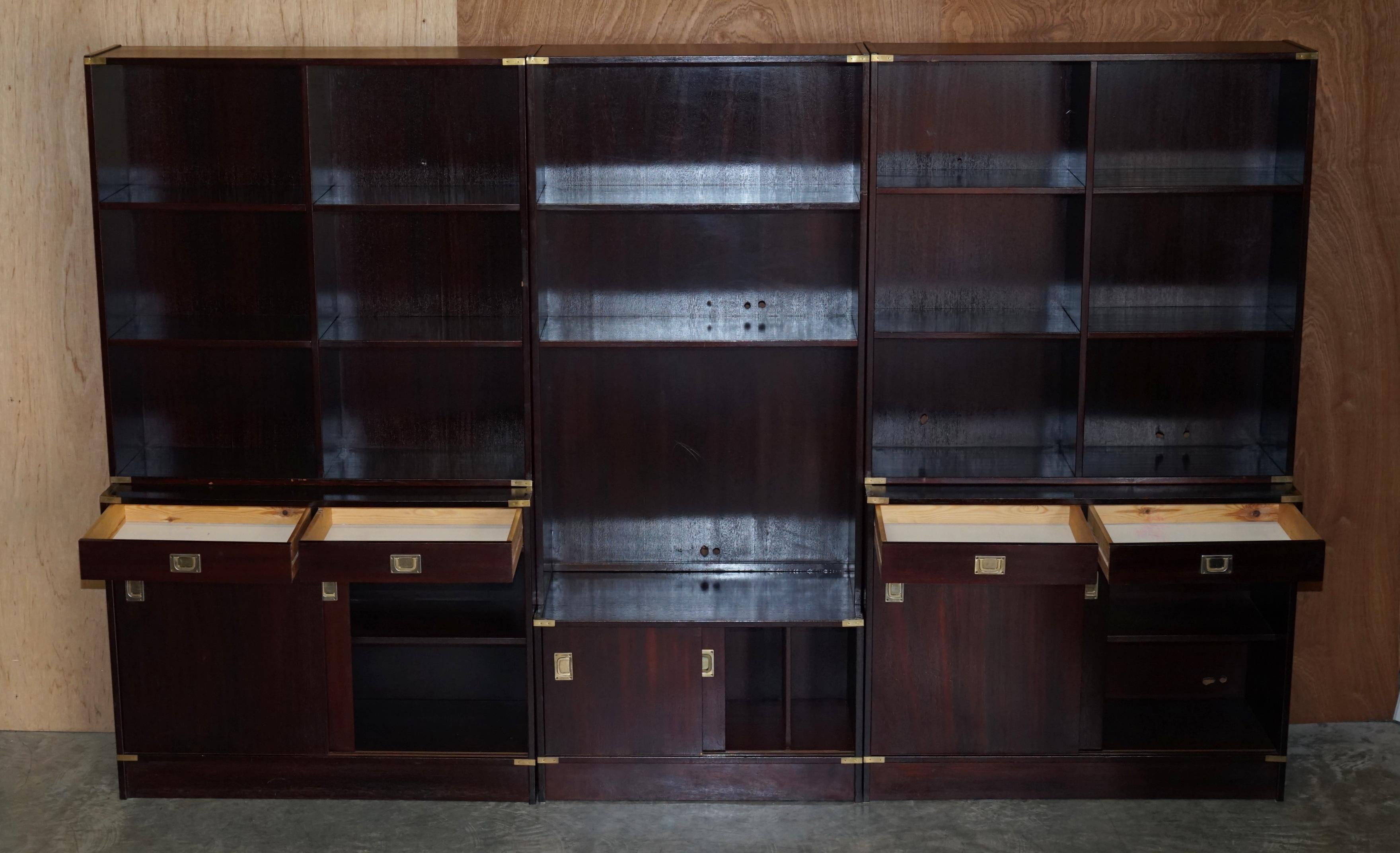 Three Vintage Hardwood Finish Military Campaign Bookcases Used for Media Storage For Sale 9