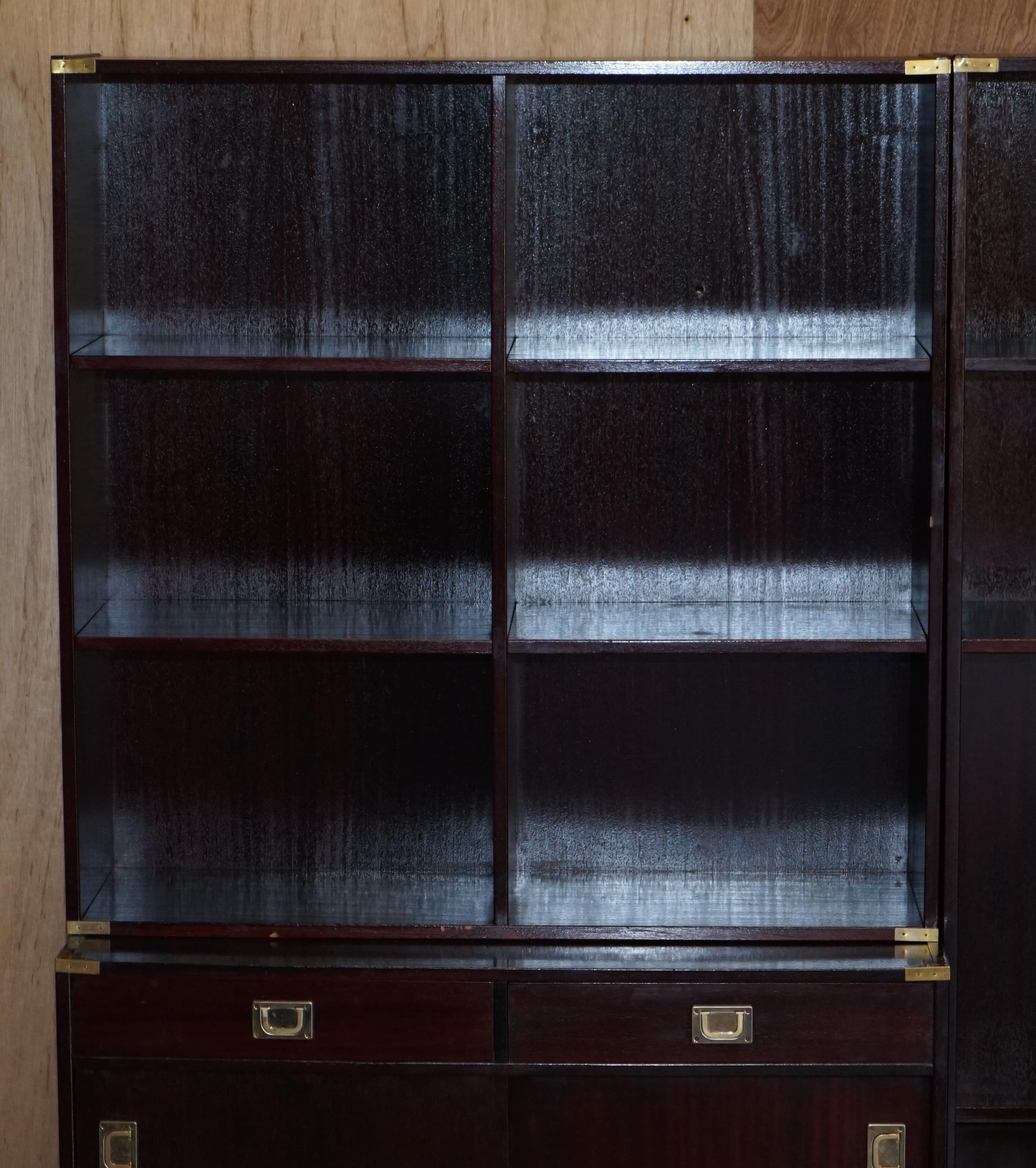 Hand-Crafted Three Vintage Hardwood Finish Military Campaign Bookcases Used for Media Storage For Sale