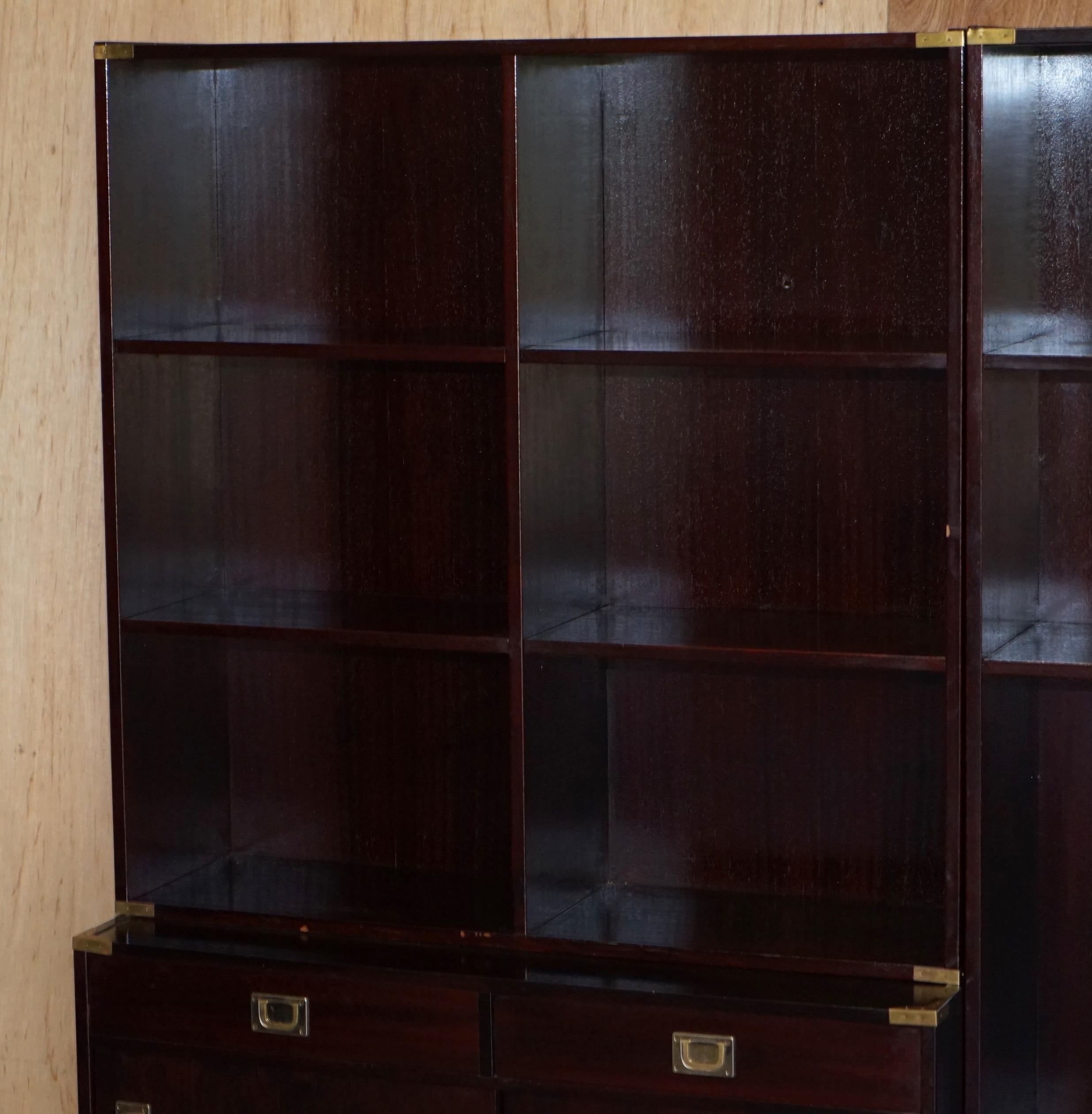 20th Century Three Vintage Hardwood Finish Military Campaign Bookcases Used for Media Storage For Sale