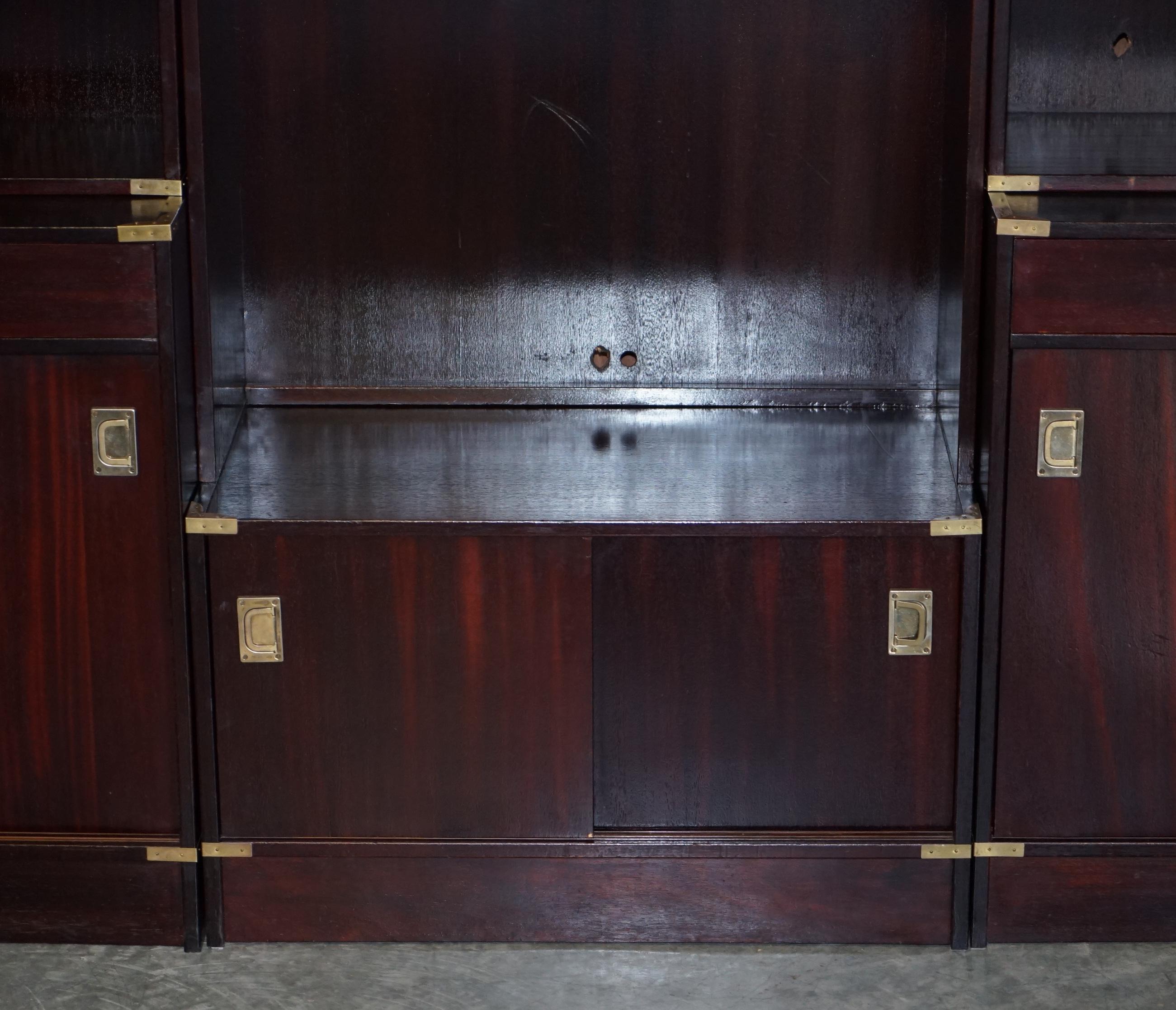 Three Vintage Hardwood Finish Military Campaign Bookcases Used for Media Storage For Sale 1