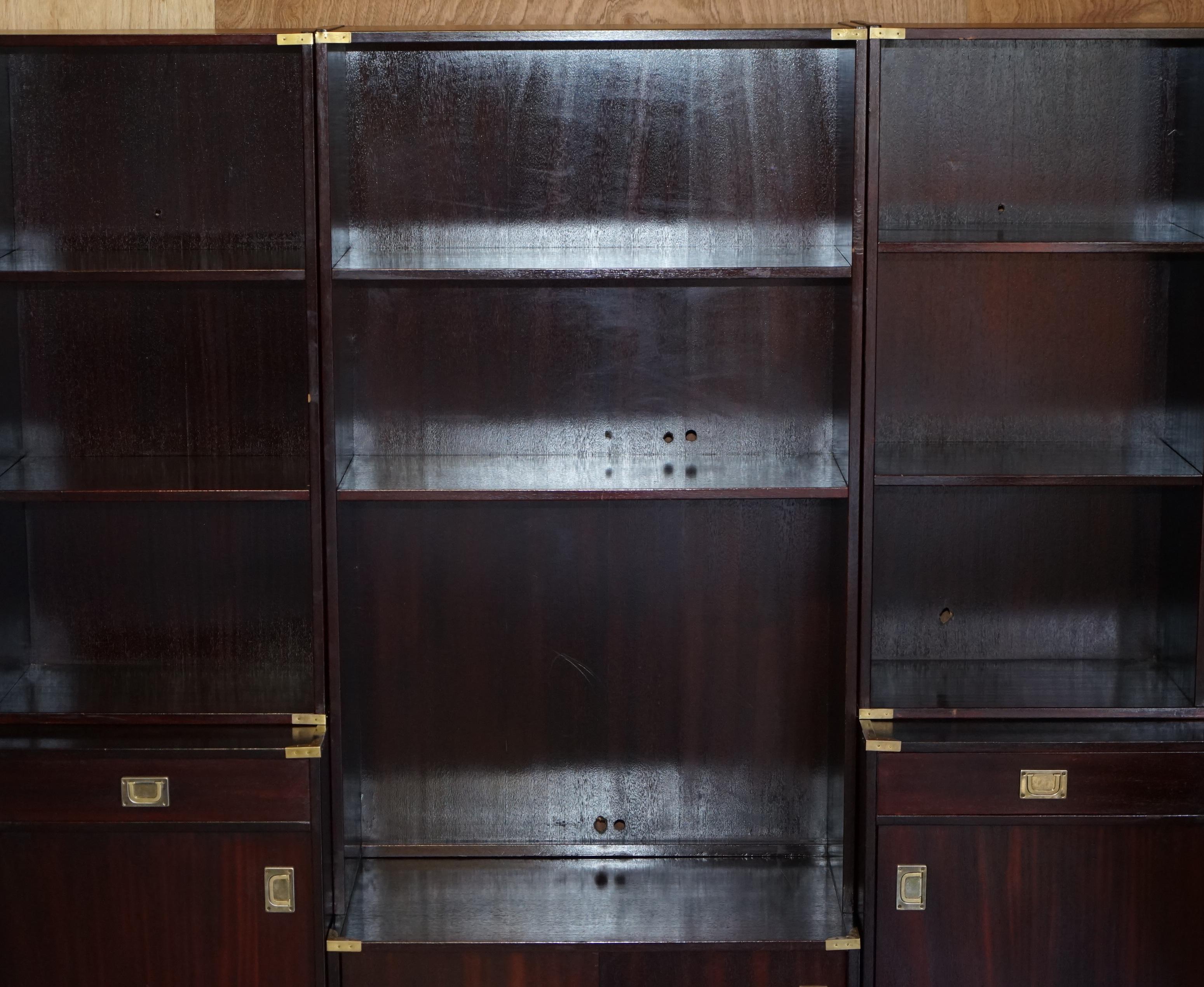 Three Vintage Hardwood Finish Military Campaign Bookcases Used for Media Storage For Sale 2