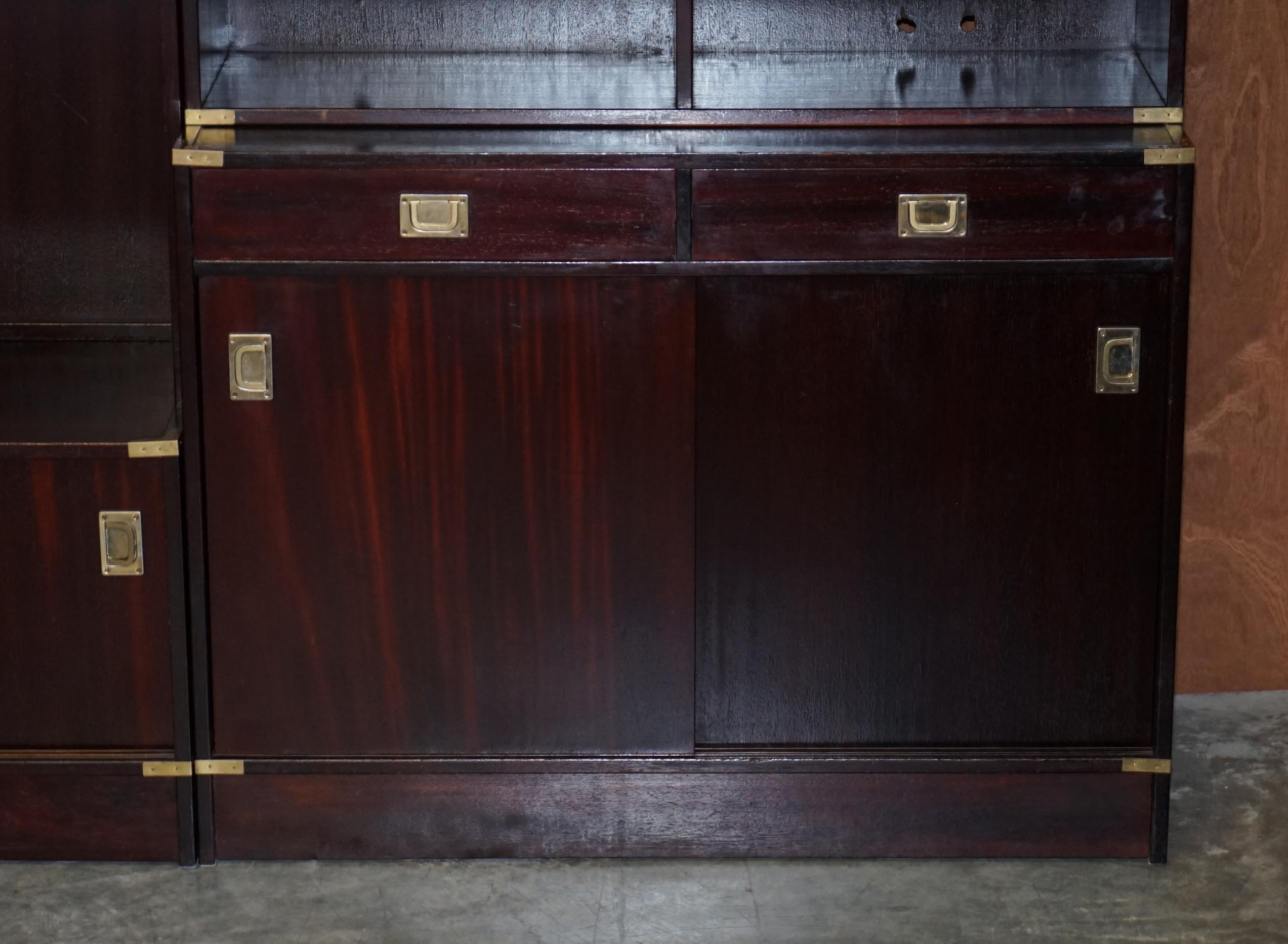 Three Vintage Hardwood Finish Military Campaign Bookcases Used for Media Storage For Sale 4