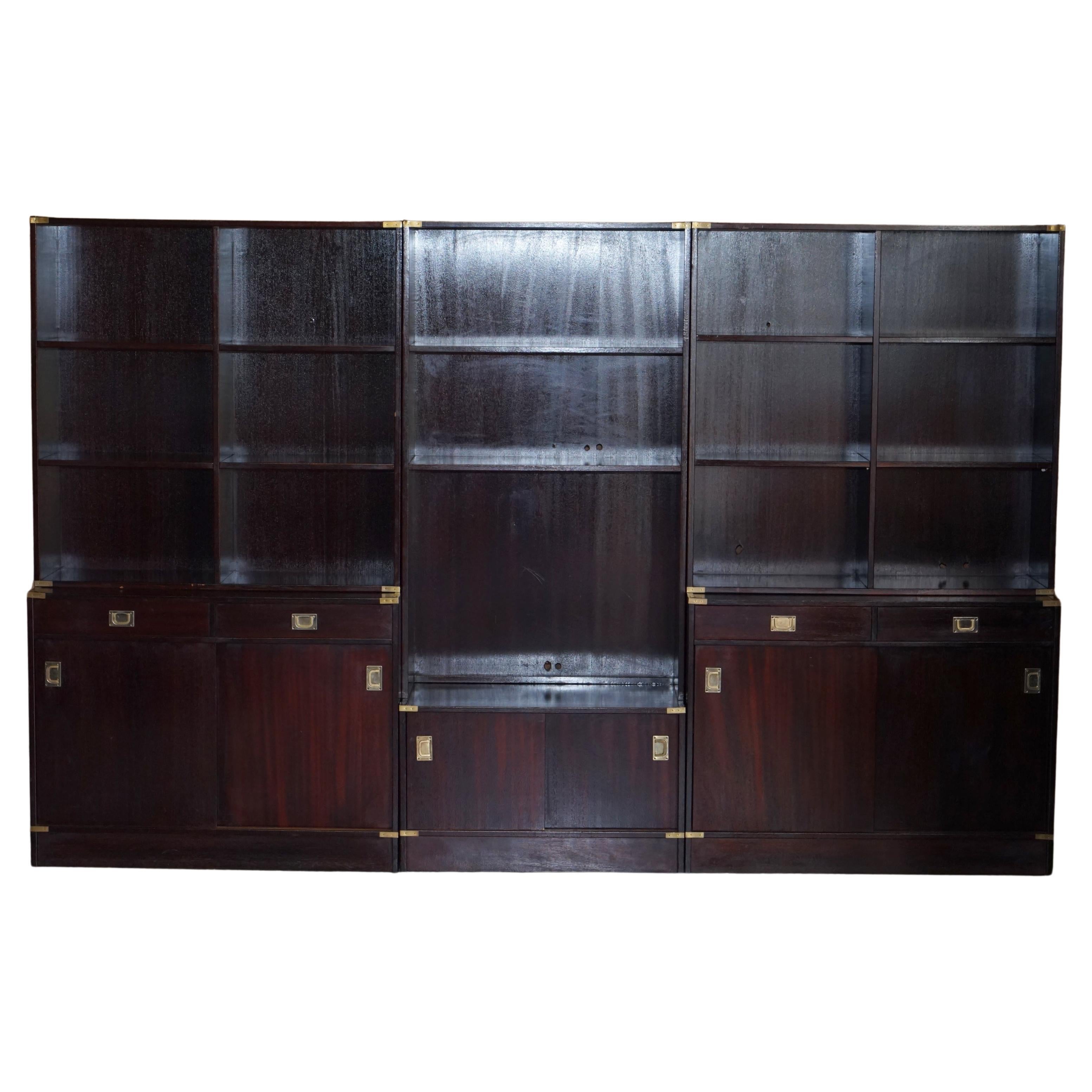 Three Vintage Hardwood Finish Military Campaign Bookcases Used for Media Storage For Sale