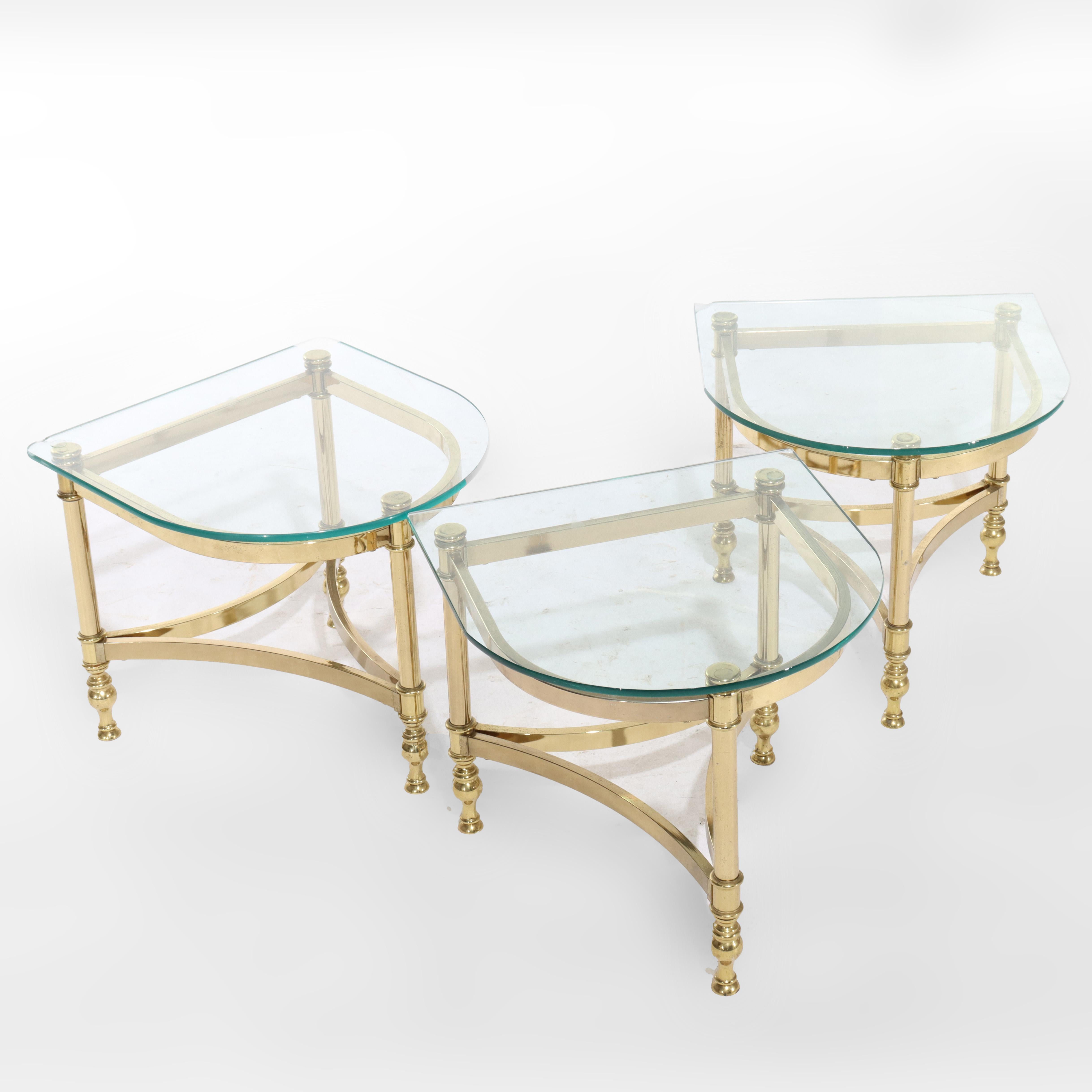 Three Vintage Hollywood Regency MCM Brass & Glass Side Tables C1960 In Good Condition For Sale In Big Flats, NY