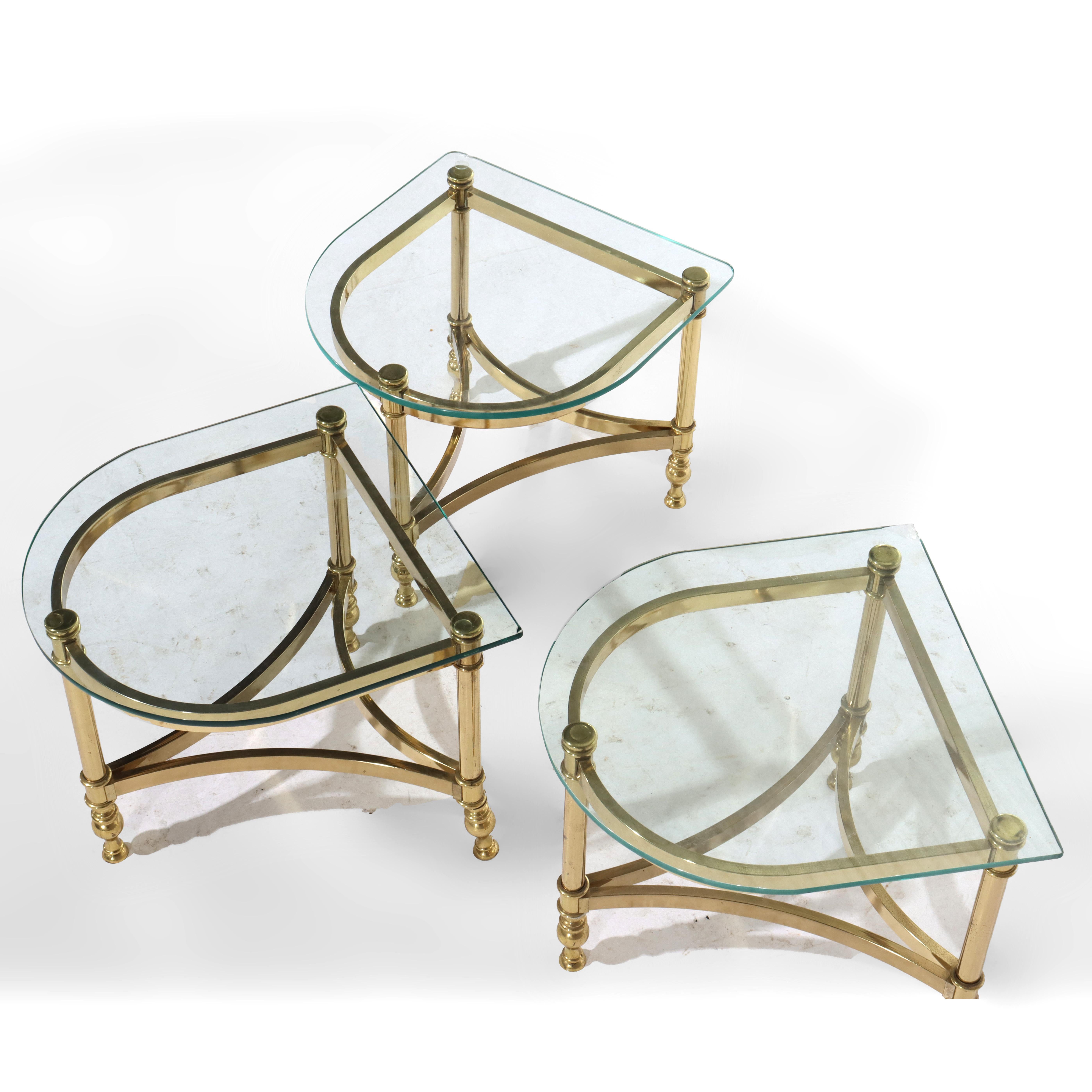 20th Century Three Vintage Hollywood Regency MCM Brass & Glass Side Tables C1960 For Sale