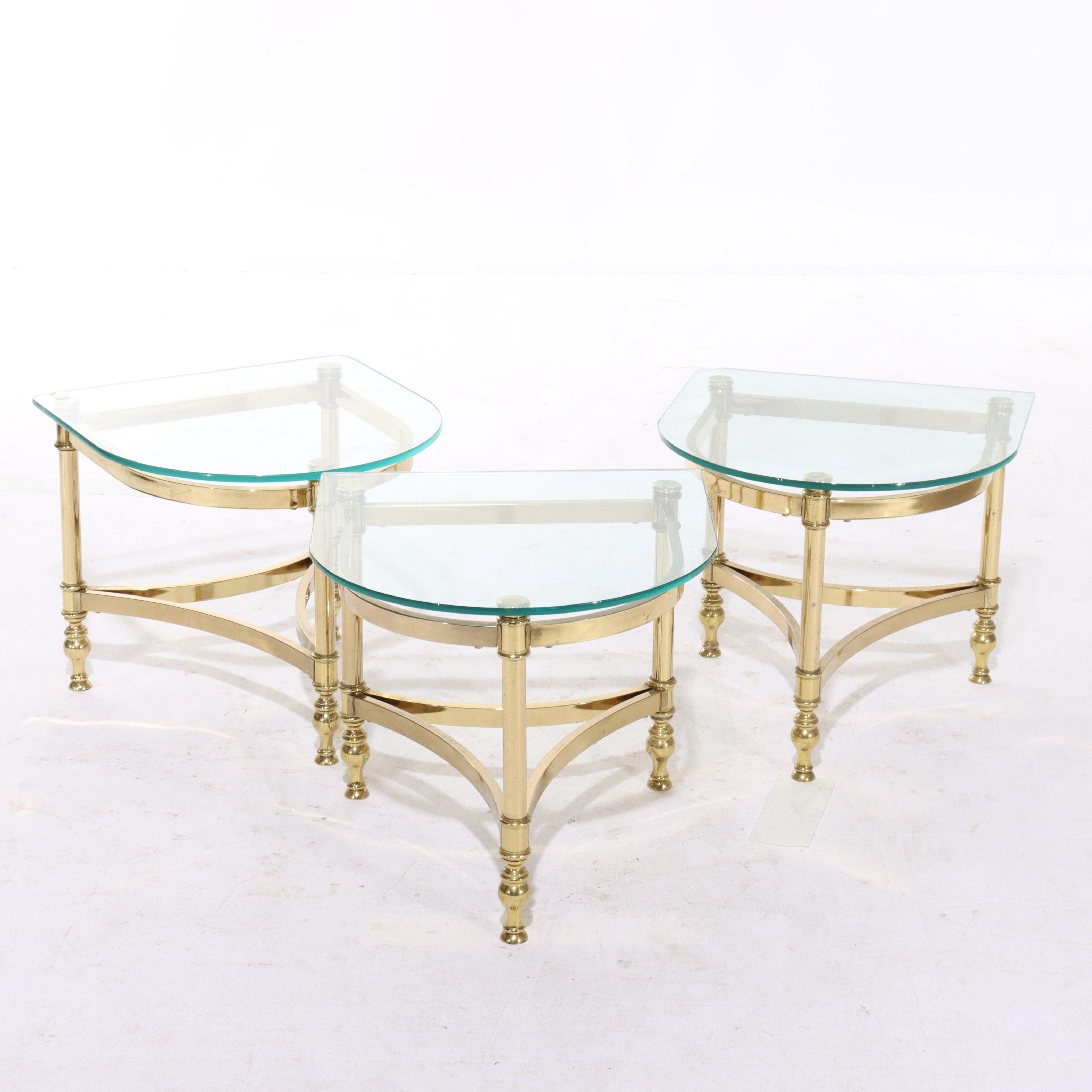 Three Vintage Hollywood Regency MCM Brass & Glass Side Tables C1960 For Sale