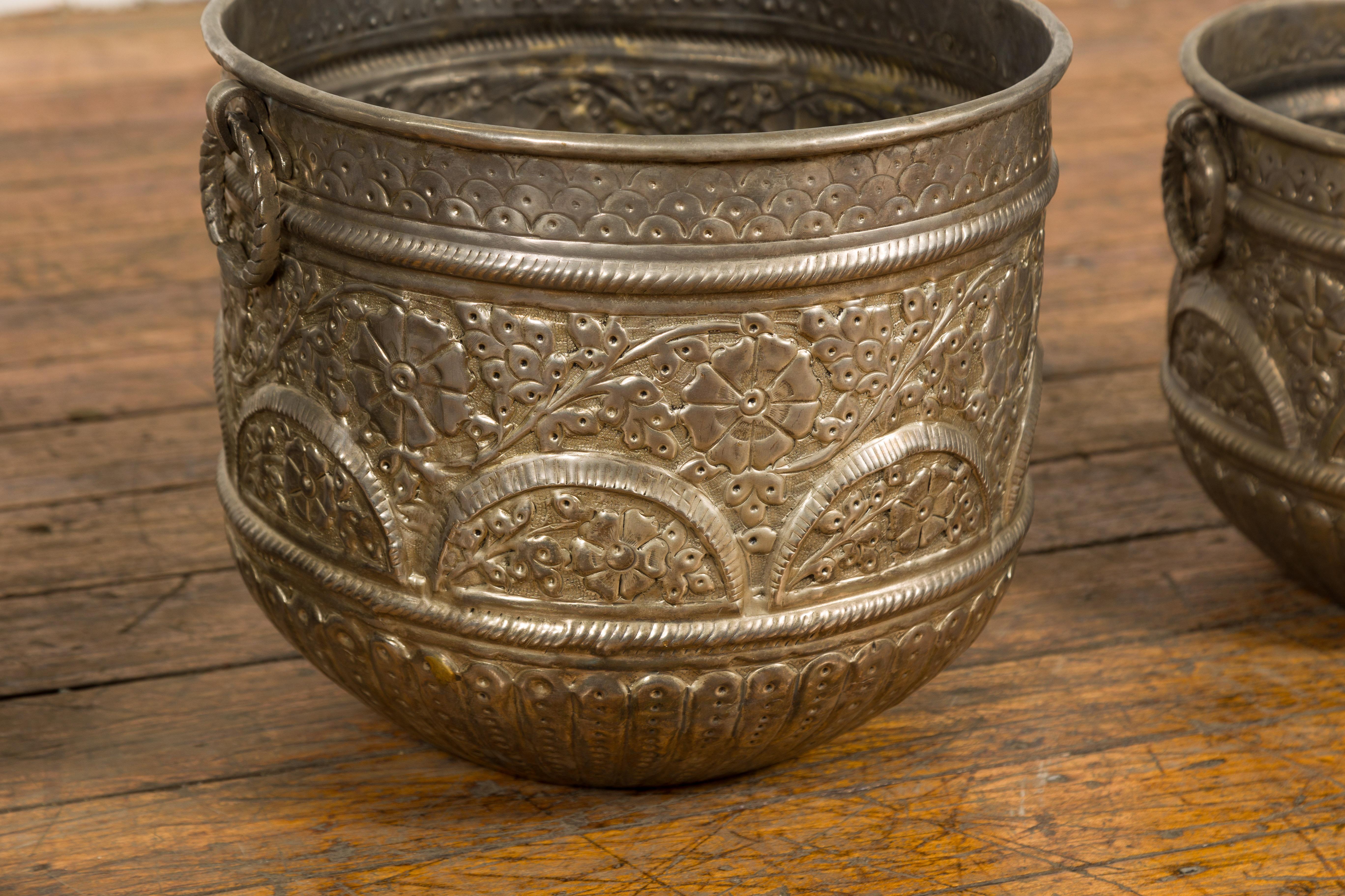 Three Vintage Indian Nested Silver over Brass Vessels with Repoussé Floral Décor For Sale 5
