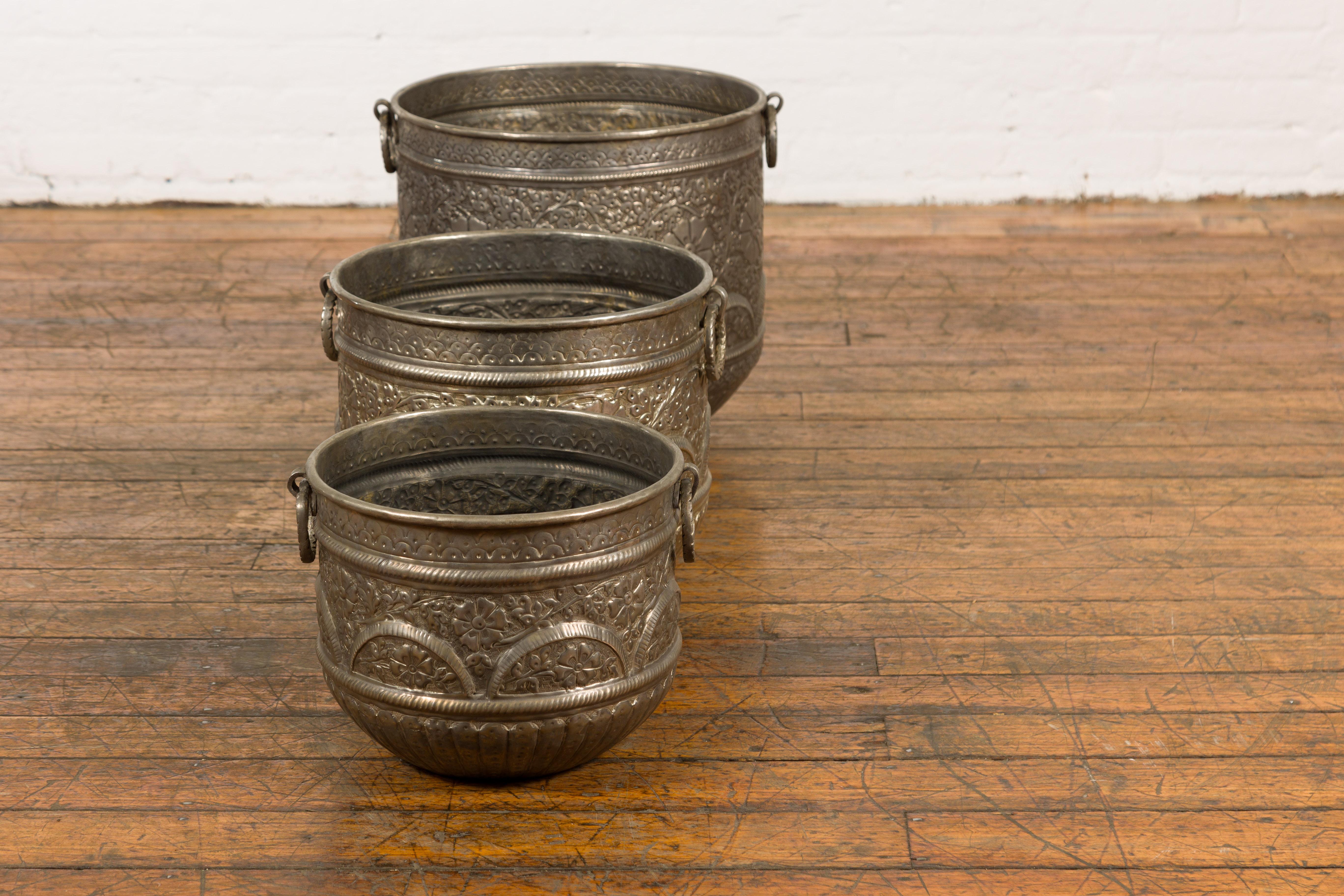 Three Vintage Indian Nested Silver over Brass Vessels with Repoussé Floral Décor For Sale 9