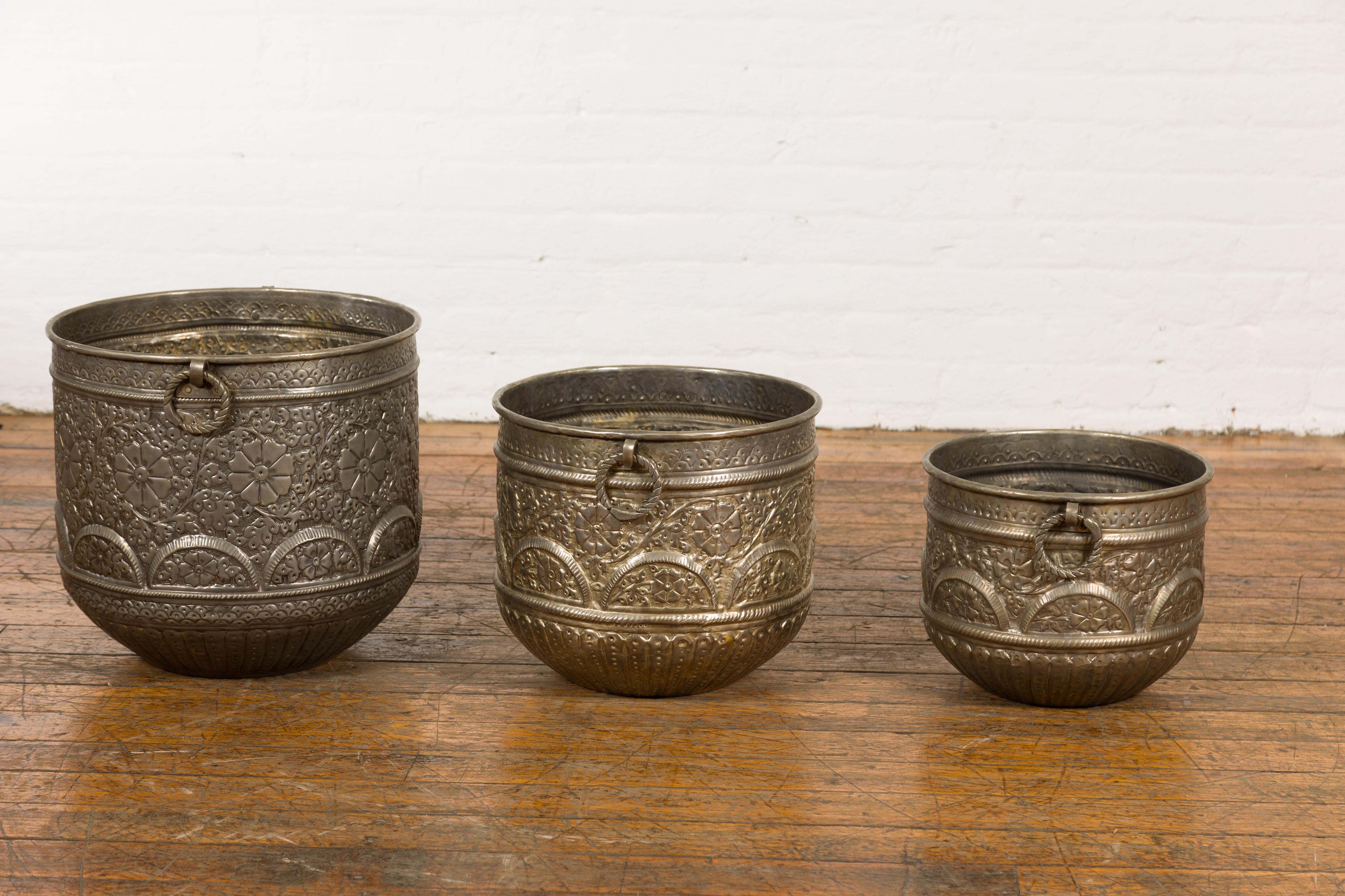 Three Vintage Indian Nested Silver over Brass Vessels with Repoussé Floral Décor For Sale 10