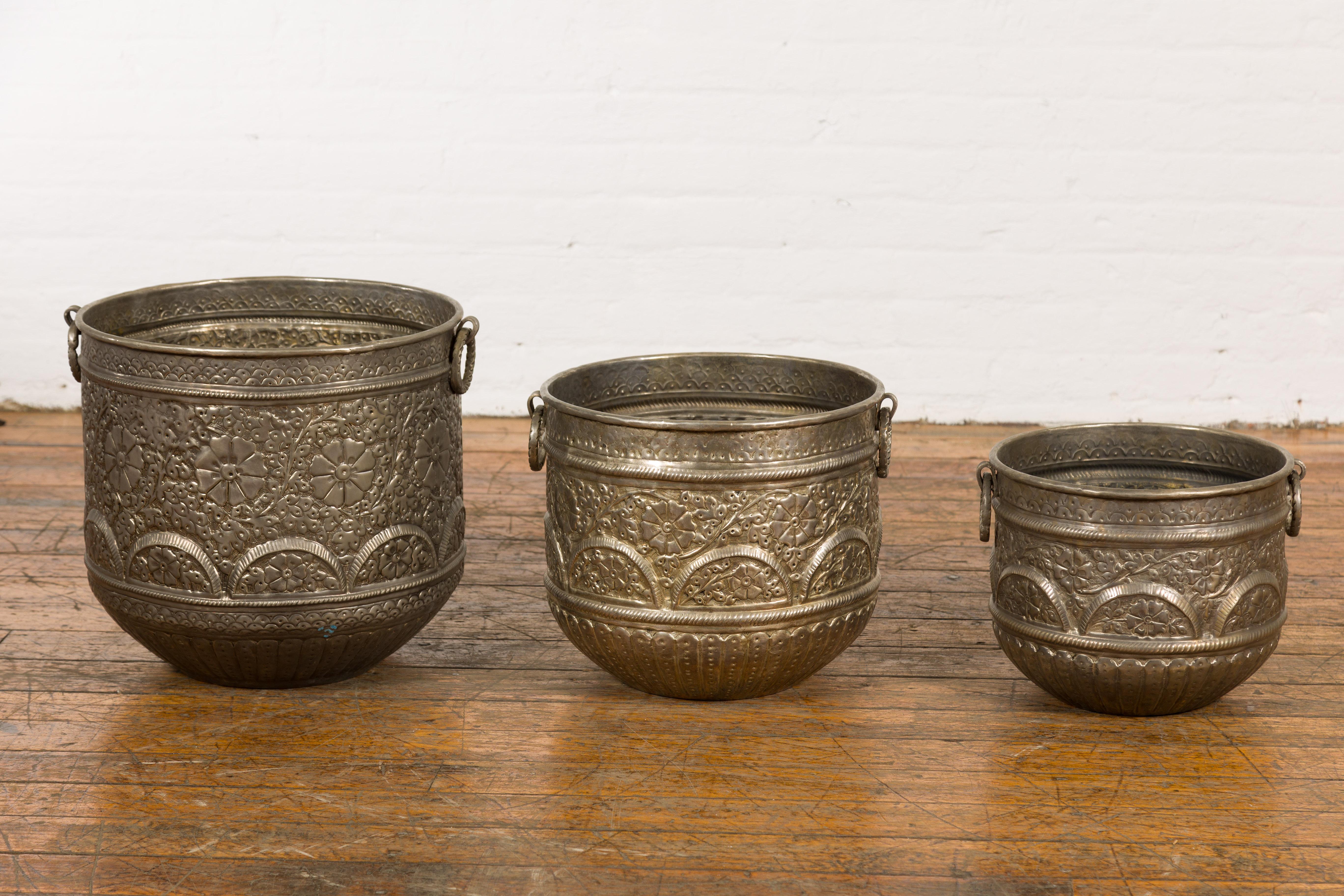 Three Vintage Indian Nested Silver over Brass Vessels with Repoussé Floral Décor For Sale 11
