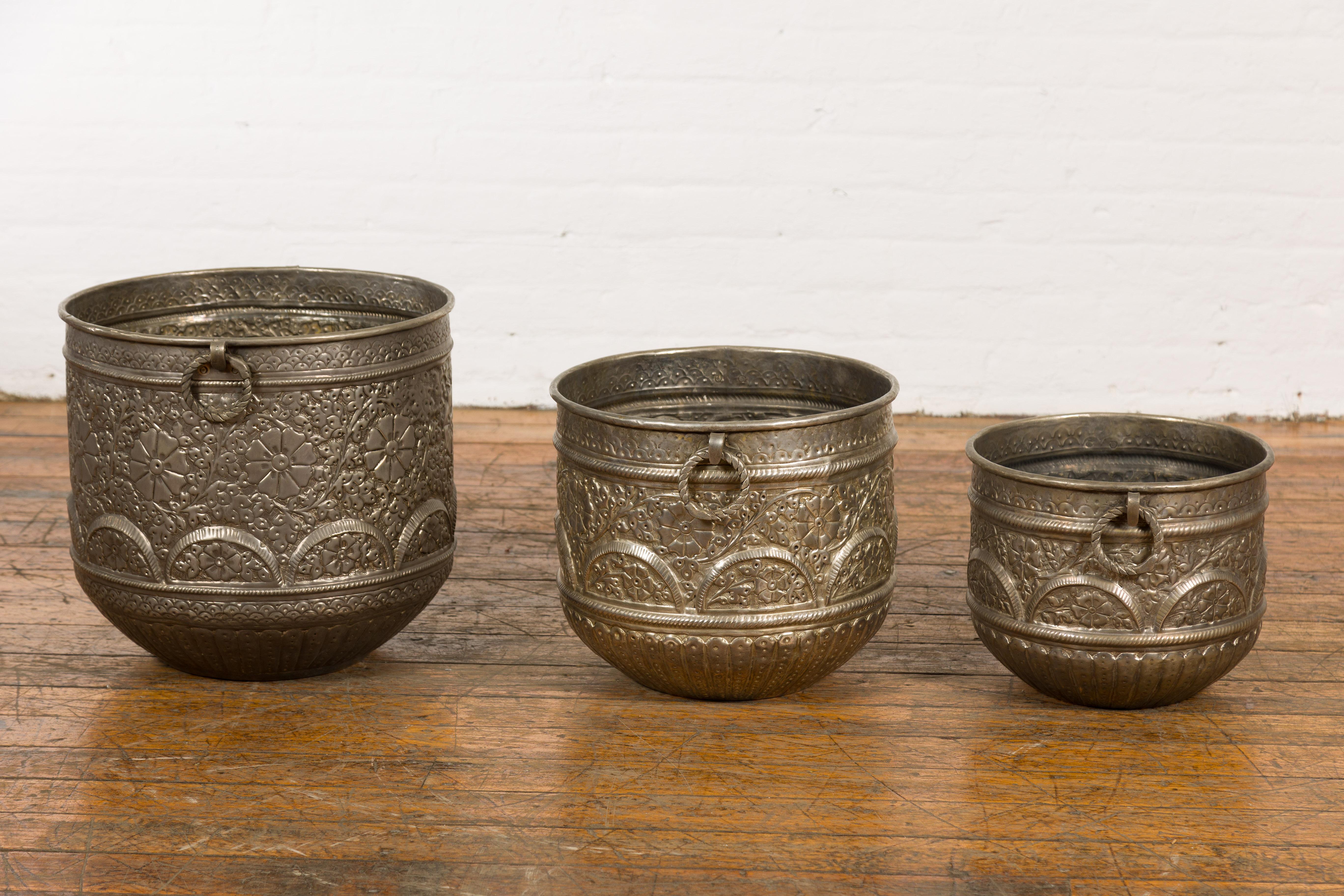Three Vintage Indian Nested Silver over Brass Vessels with Repoussé Floral Décor For Sale 12