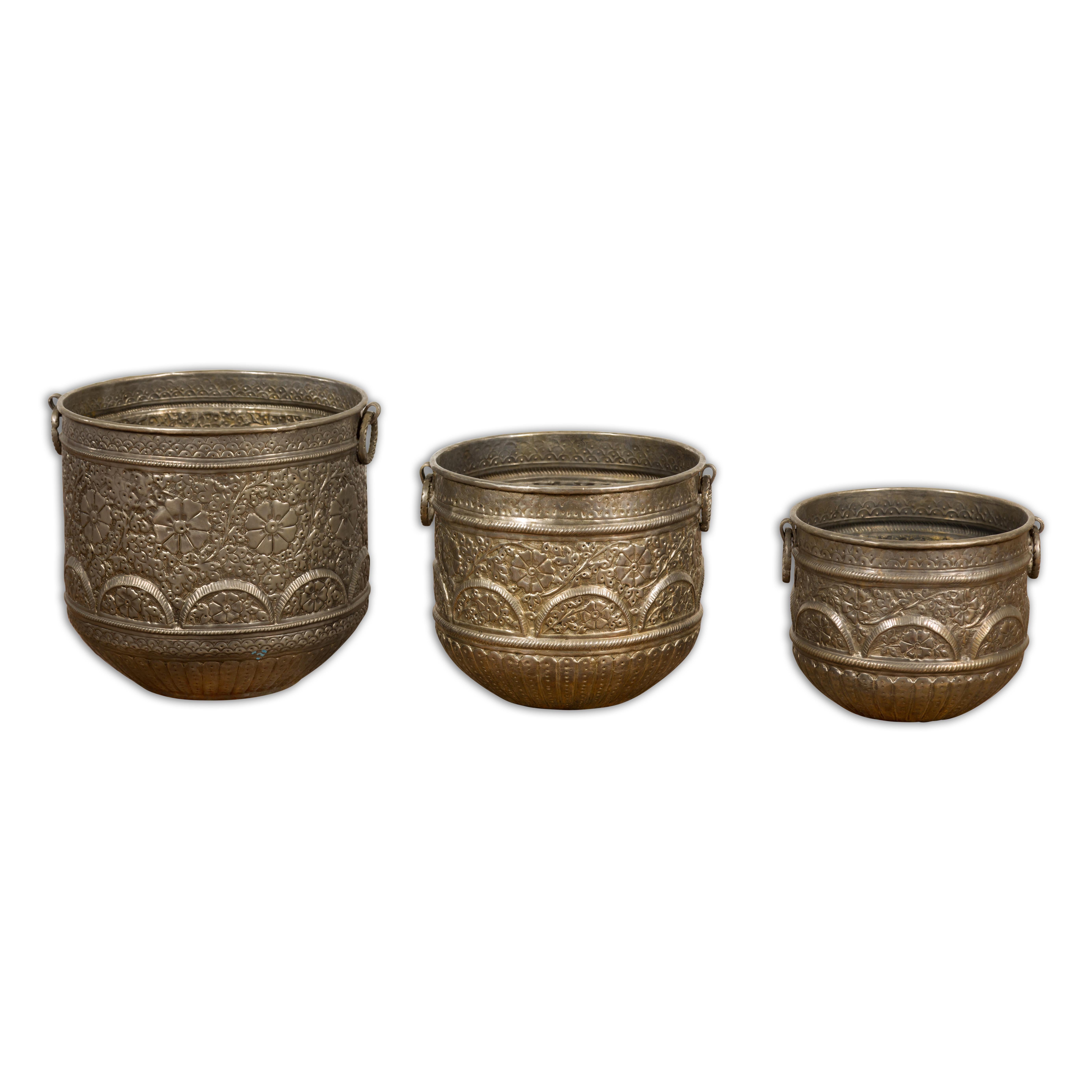 Three Vintage Indian Nested Silver over Brass Vessels with Repoussé Floral Décor For Sale 14