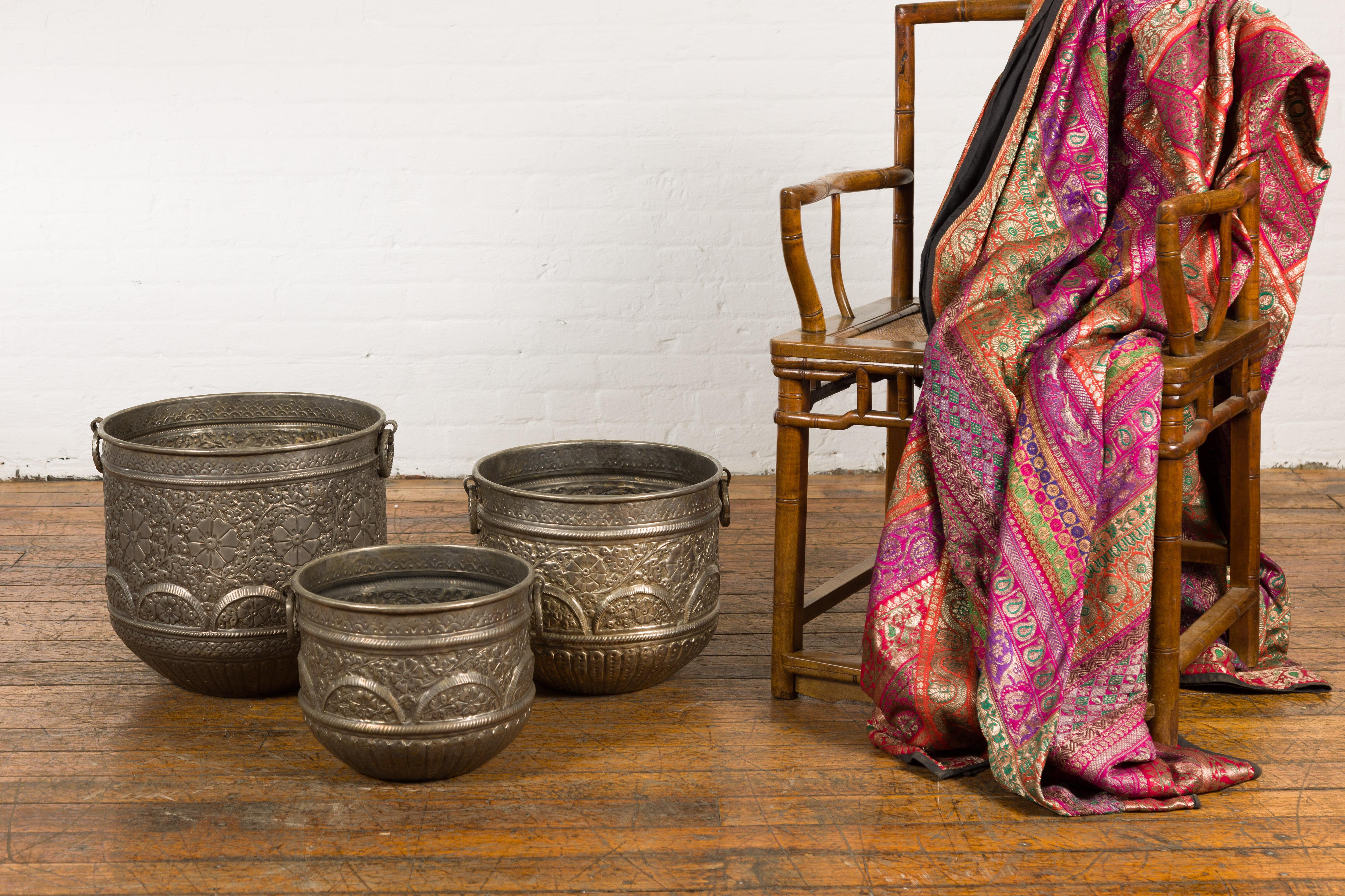 Three Vintage Indian Nested Silver over Brass Vessels with Repoussé Floral Décor In Good Condition For Sale In Yonkers, NY