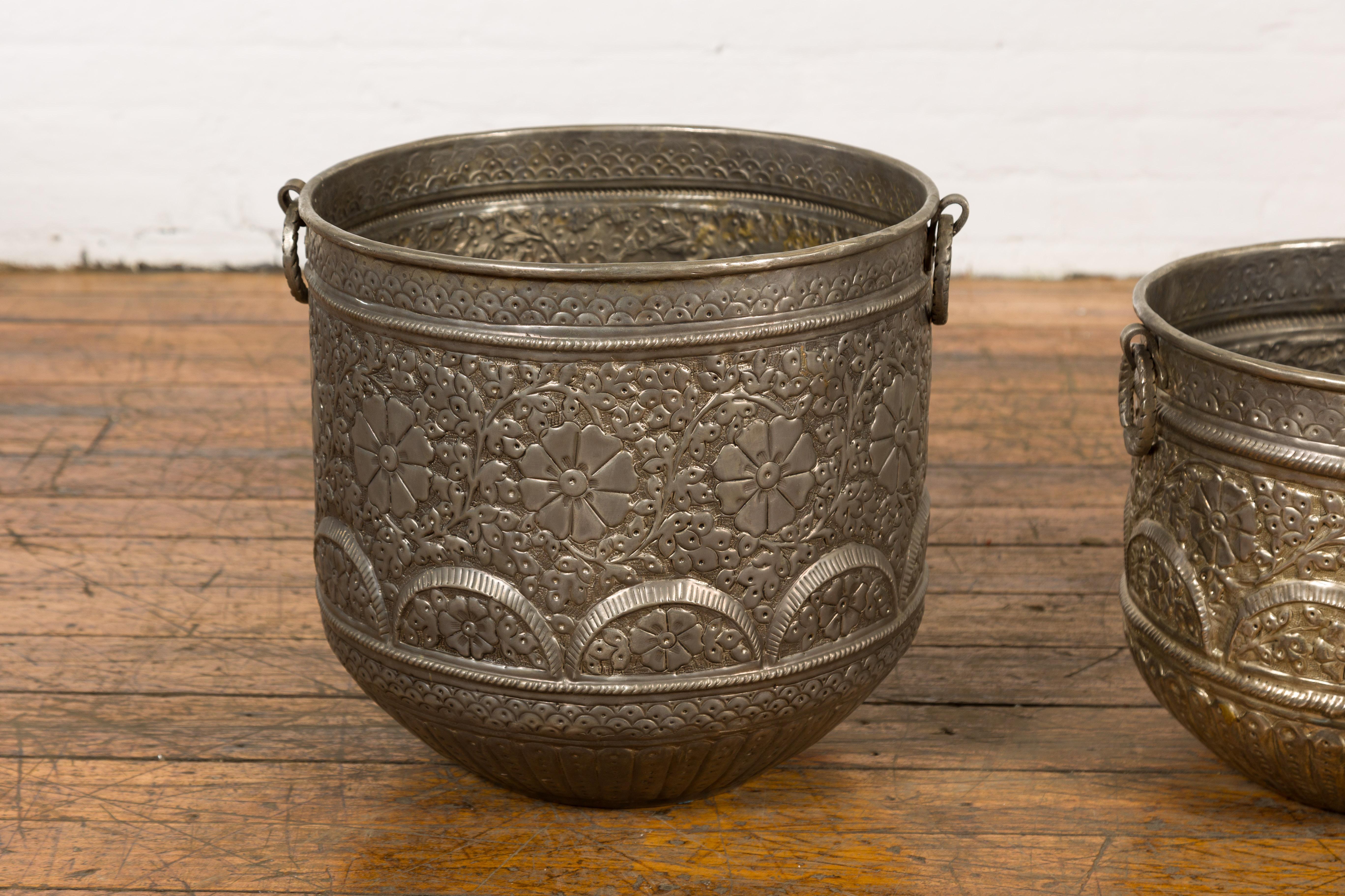 20th Century Three Vintage Indian Nested Silver over Brass Vessels with Repoussé Floral Décor For Sale