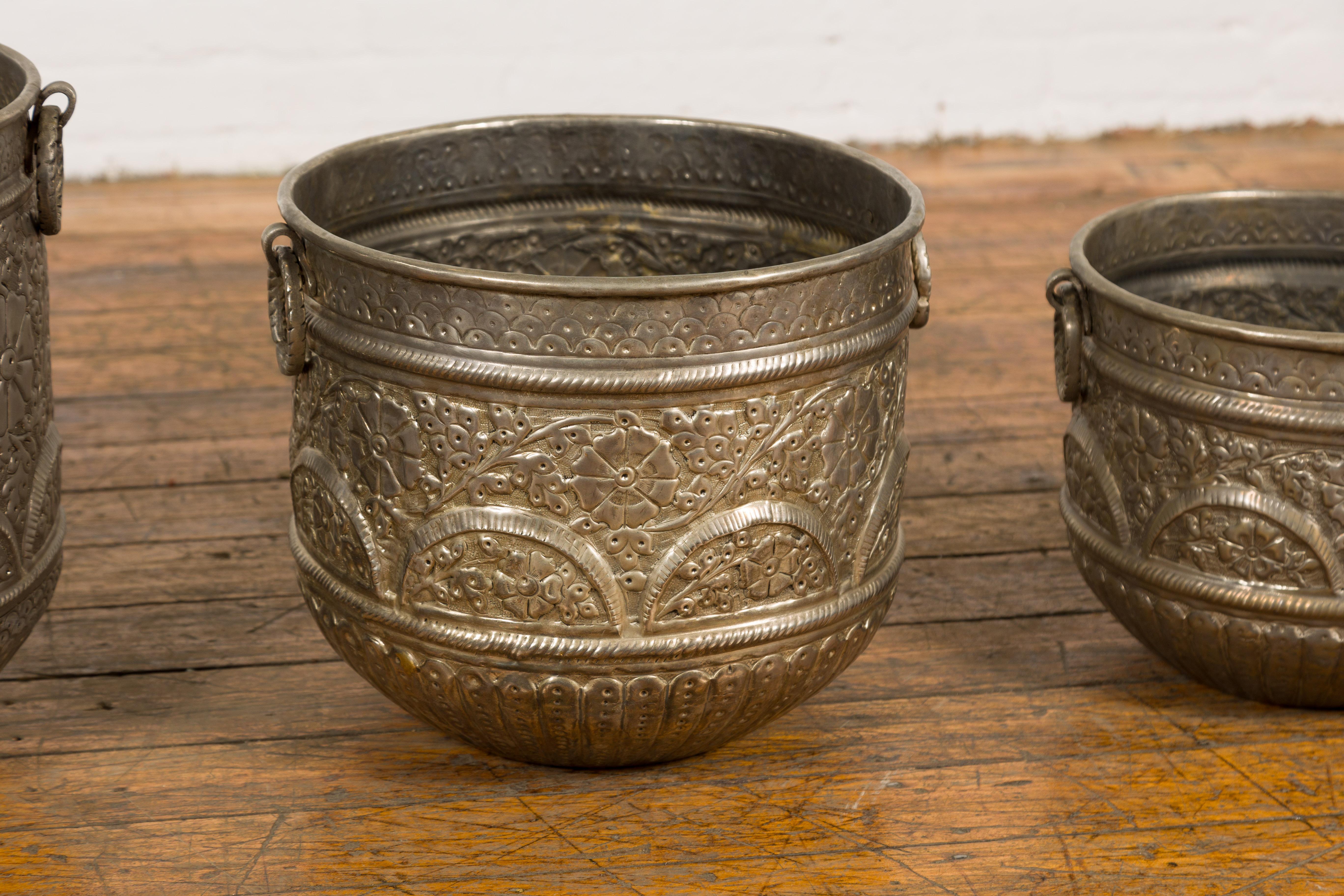 Silver Plate Three Vintage Indian Nested Silver over Brass Vessels with Repoussé Floral Décor For Sale