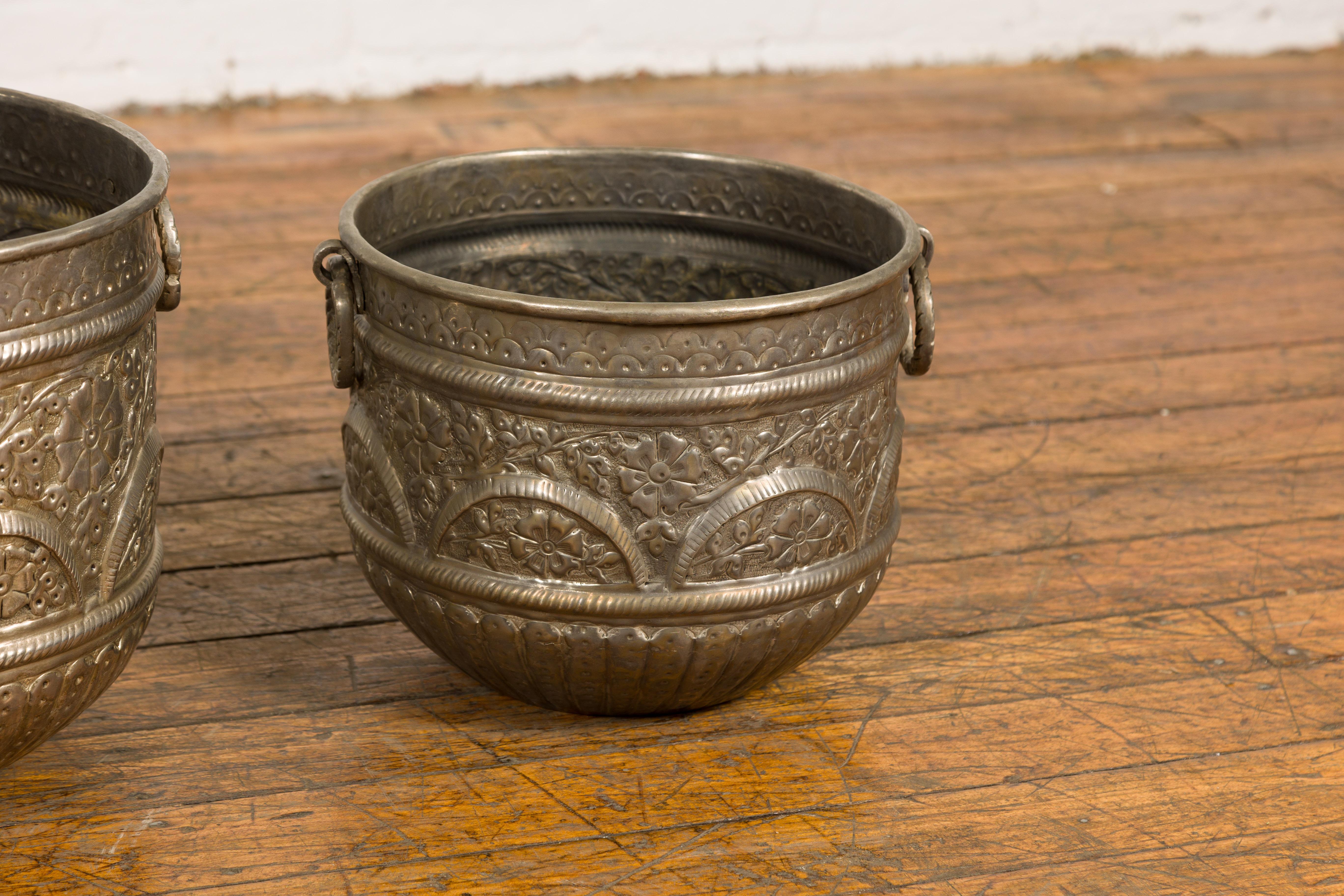 Three Vintage Indian Nested Silver over Brass Vessels with Repoussé Floral Décor For Sale 1