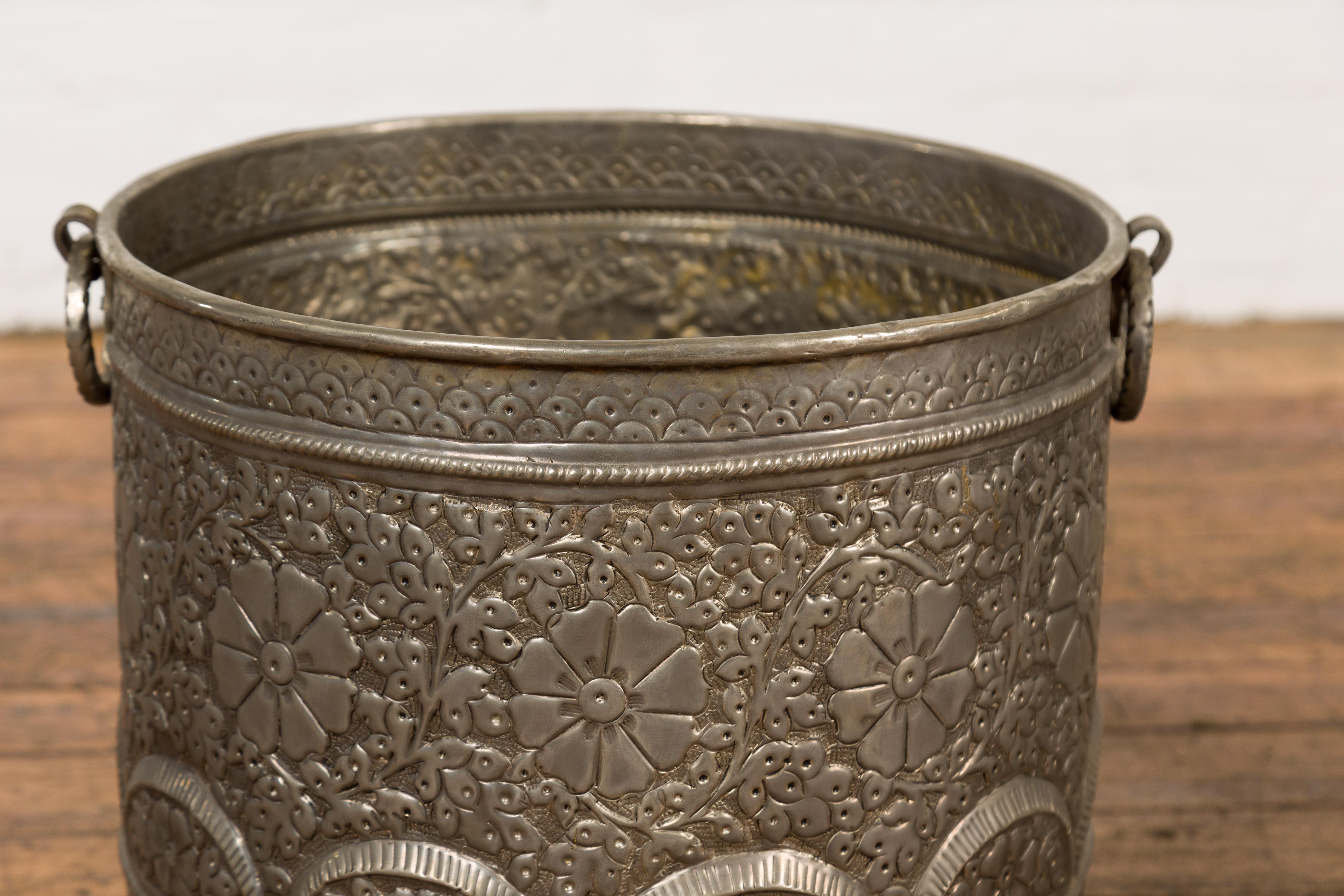 Three Vintage Indian Nested Silver over Brass Vessels with Repoussé Floral Décor For Sale 2