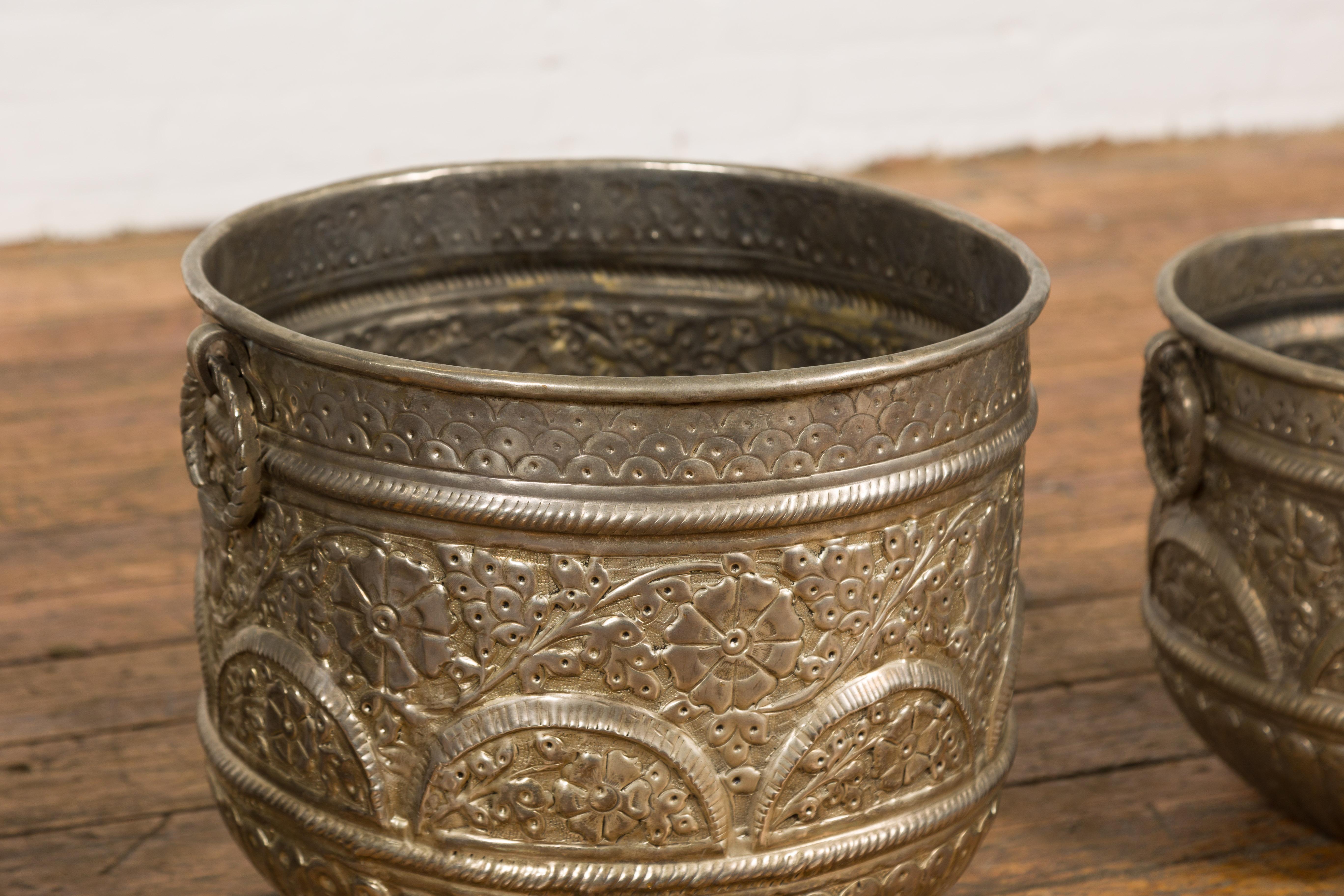 Three Vintage Indian Nested Silver over Brass Vessels with Repoussé Floral Décor For Sale 4