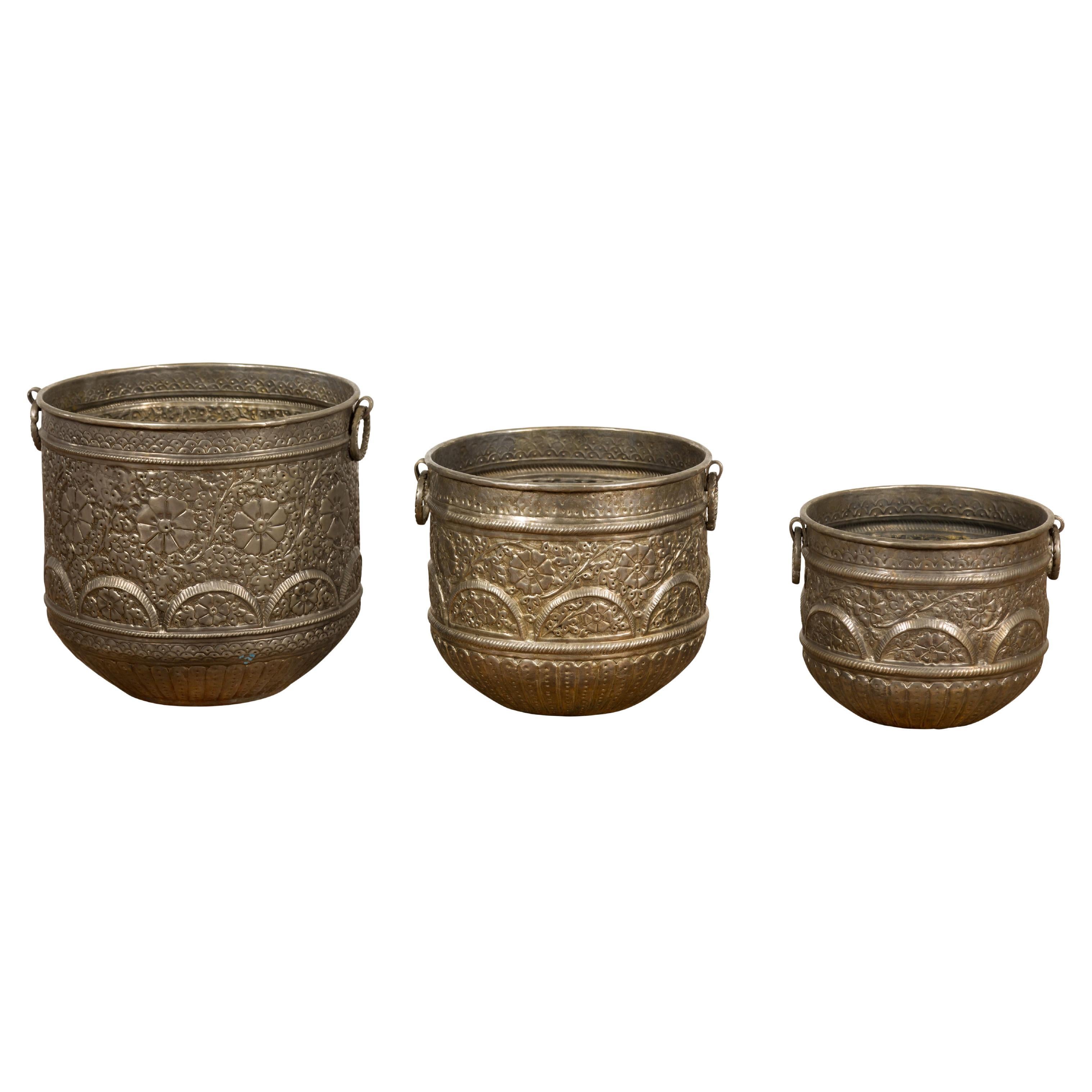 Three Vintage Indian Nested Silver over Brass Vessels with Repoussé Floral Décor For Sale