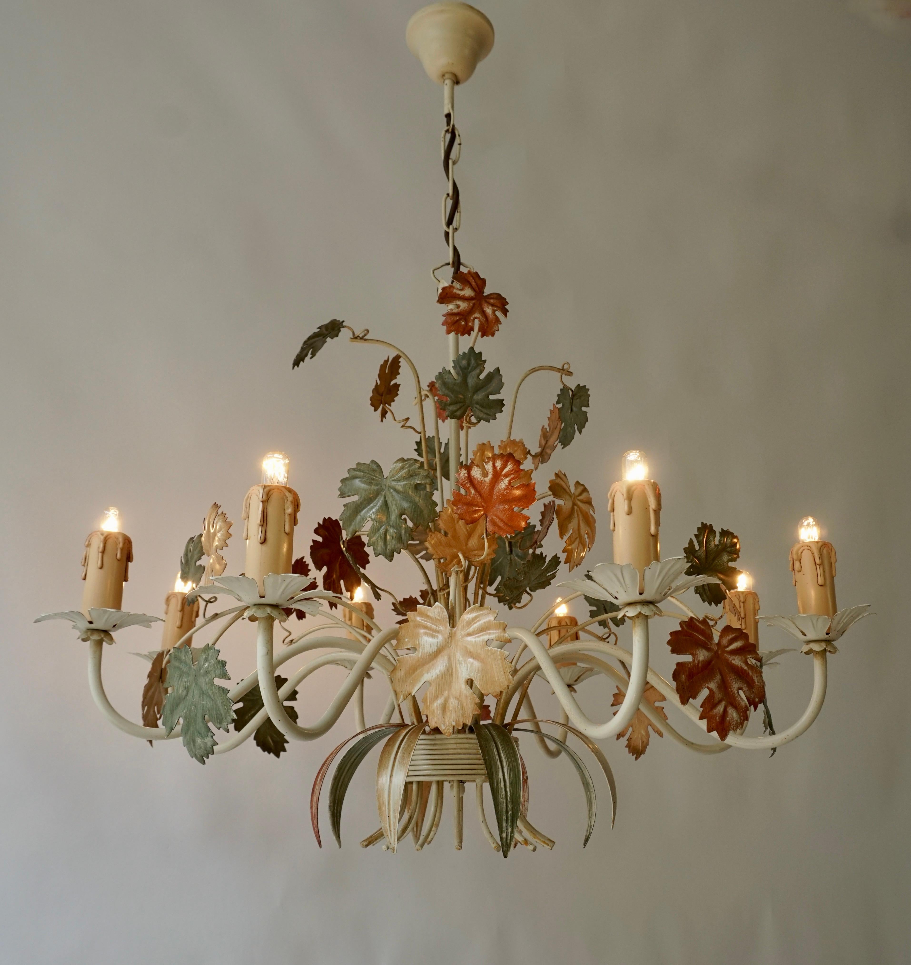 Mid-Century Modern Three Vintage Italian Tole Floral Chandeliers With Leaves For Sale