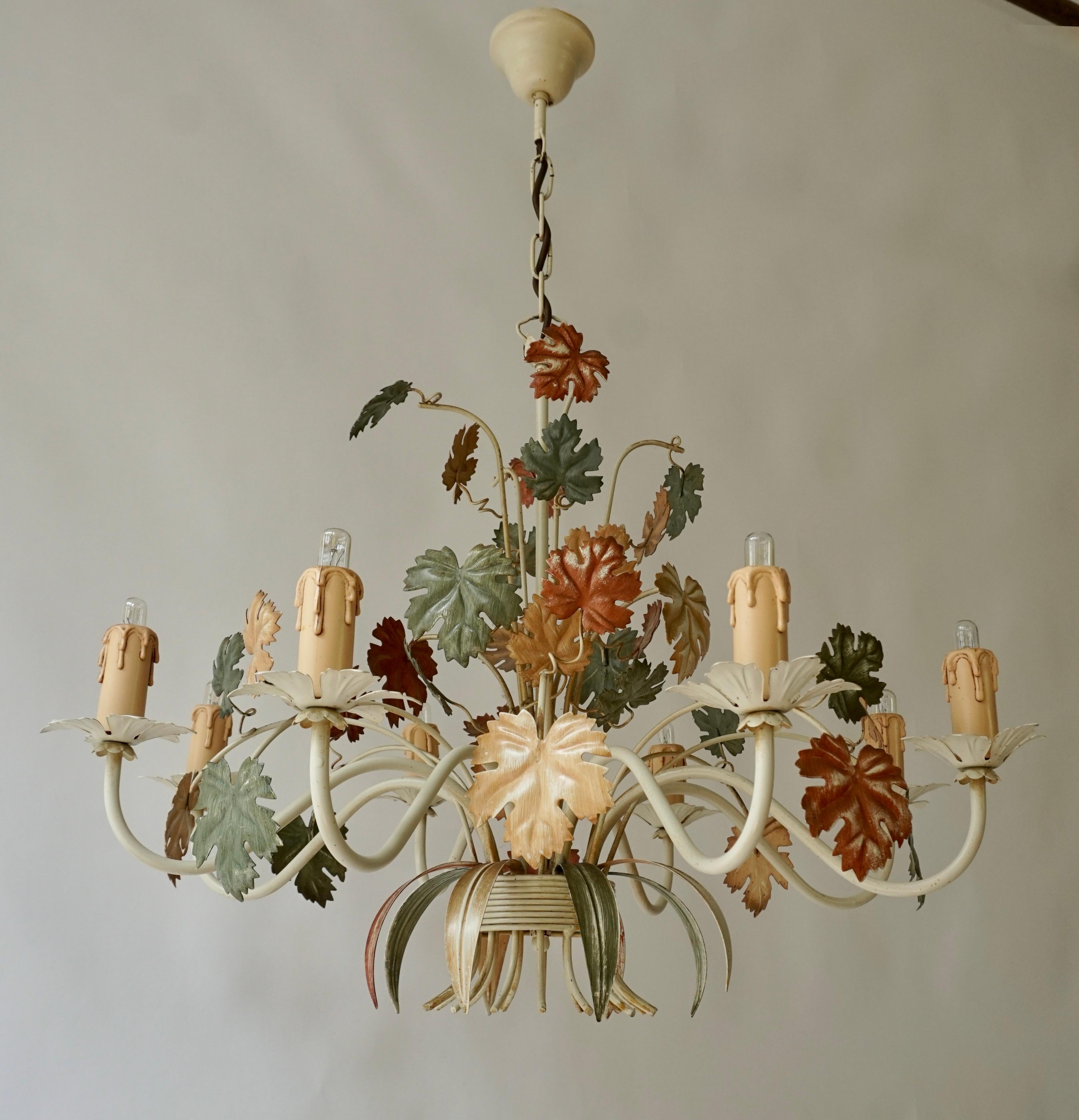 Painted Three Vintage Italian Tole Floral Chandeliers With Leaves For Sale