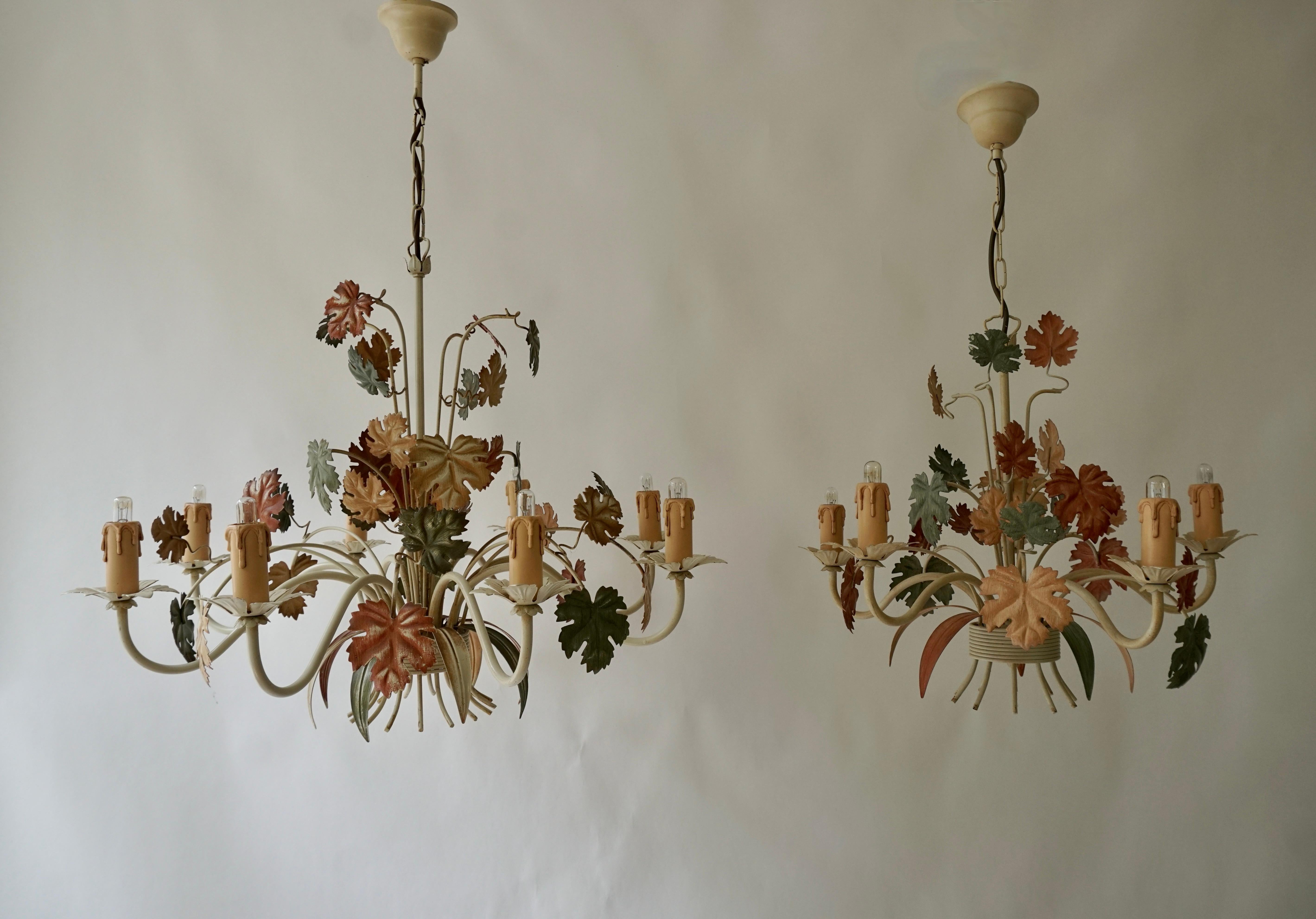 Three Vintage Italian Tole Floral Chandeliers With Leaves In Good Condition For Sale In Antwerp, BE