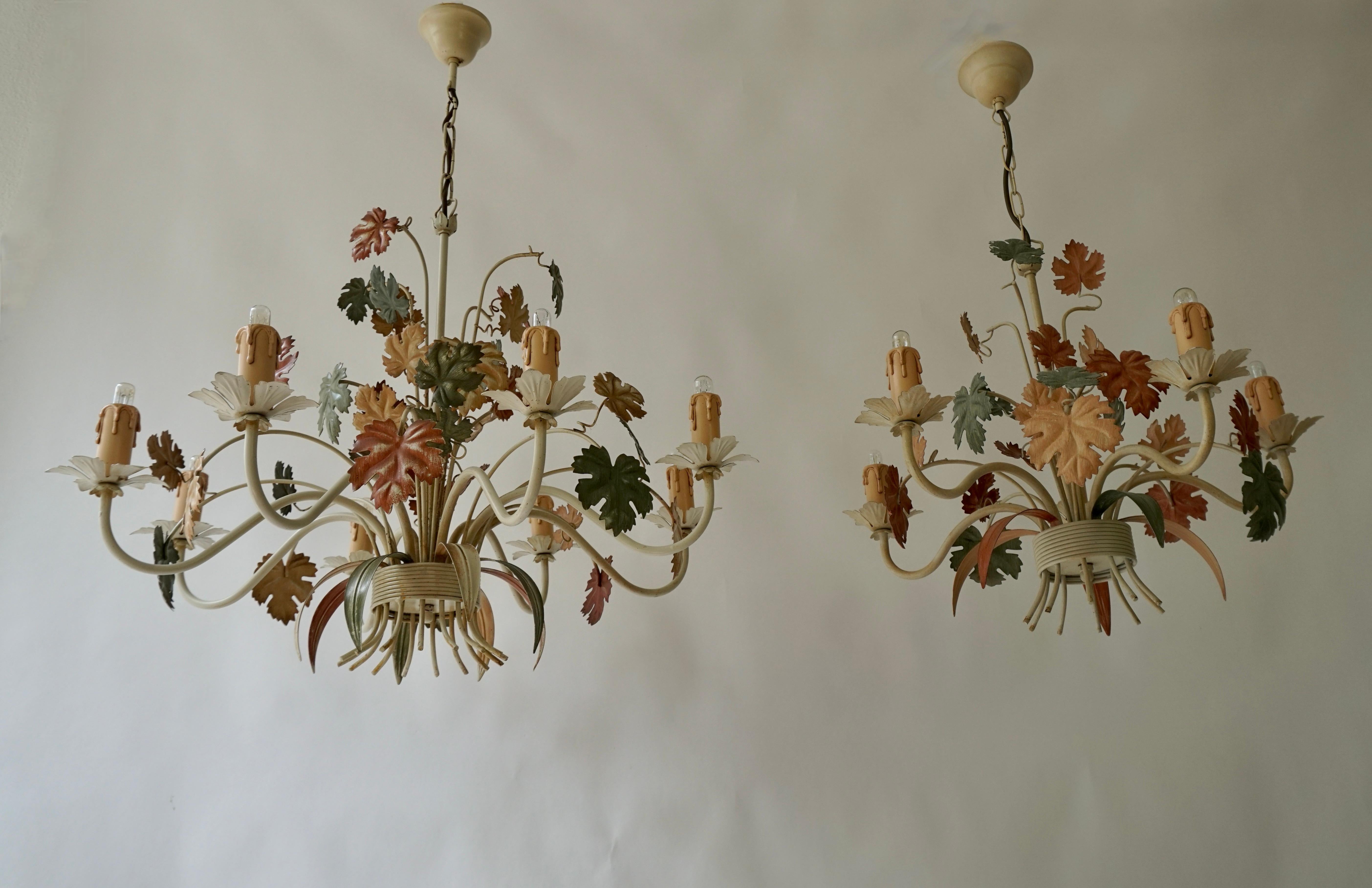 Metal Three Vintage Italian Tole Floral Chandeliers With Leaves For Sale