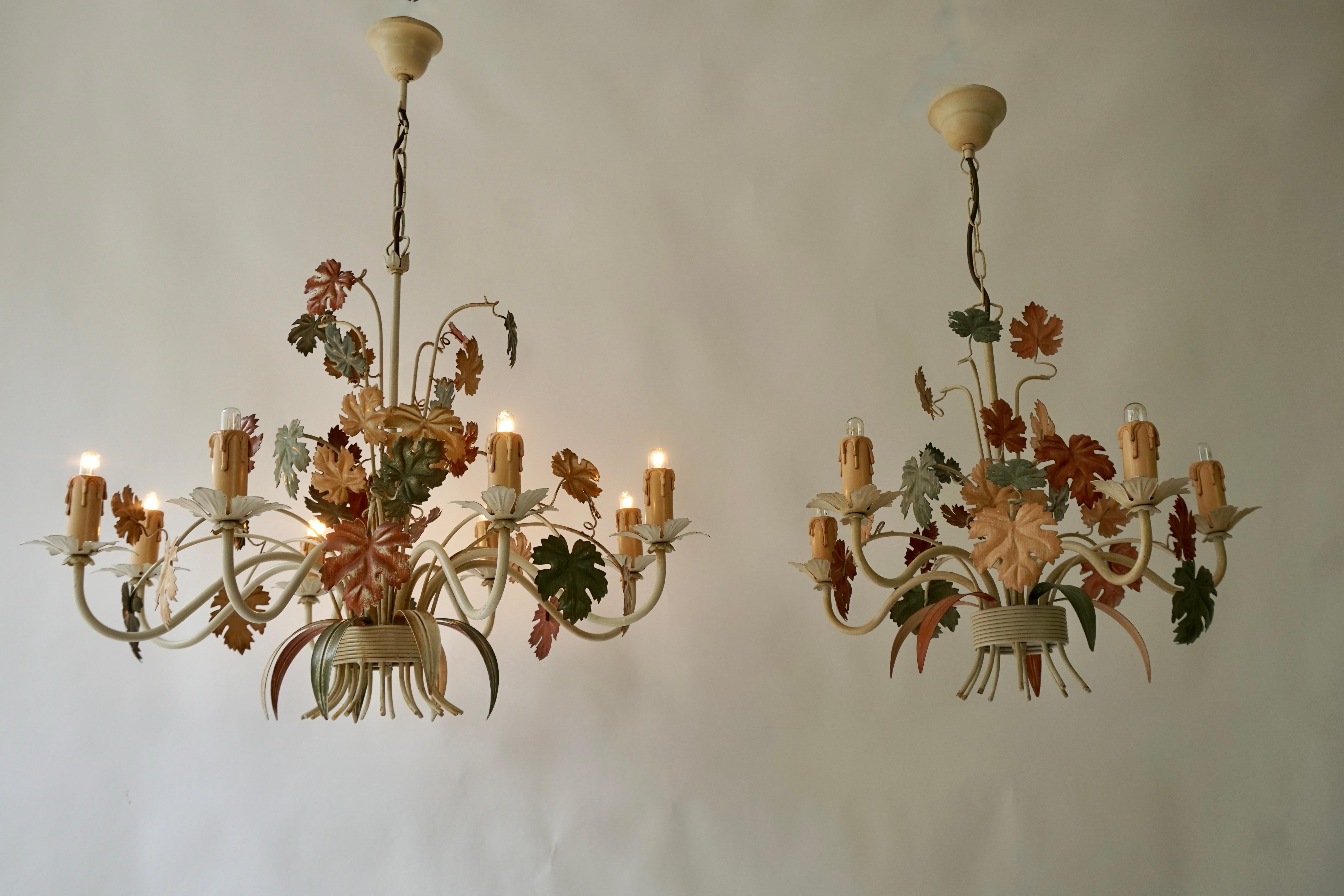 Three Vintage Italian Tole Floral Chandeliers With Leaves For Sale 1