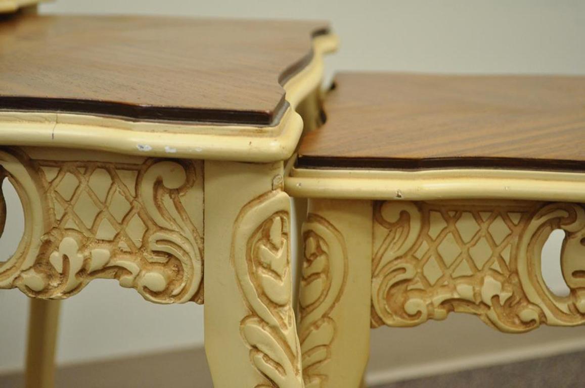 Three Vintage Louis XV Carved Satinwood Inlaid Nest of Nesting Side Tables For Sale 2