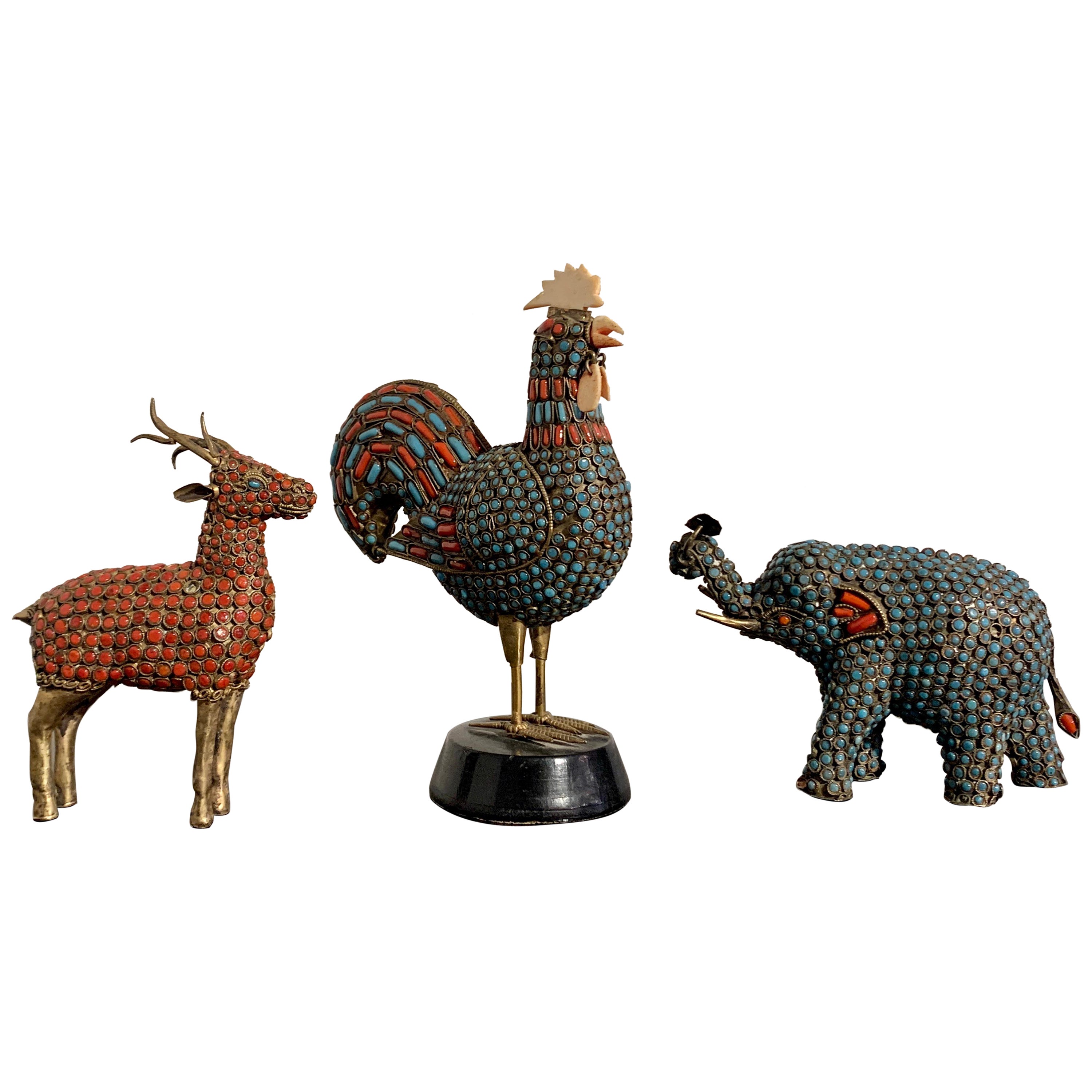 Three Vintage Nepalese Brass and Glass Animals, 1970
s, Nepal