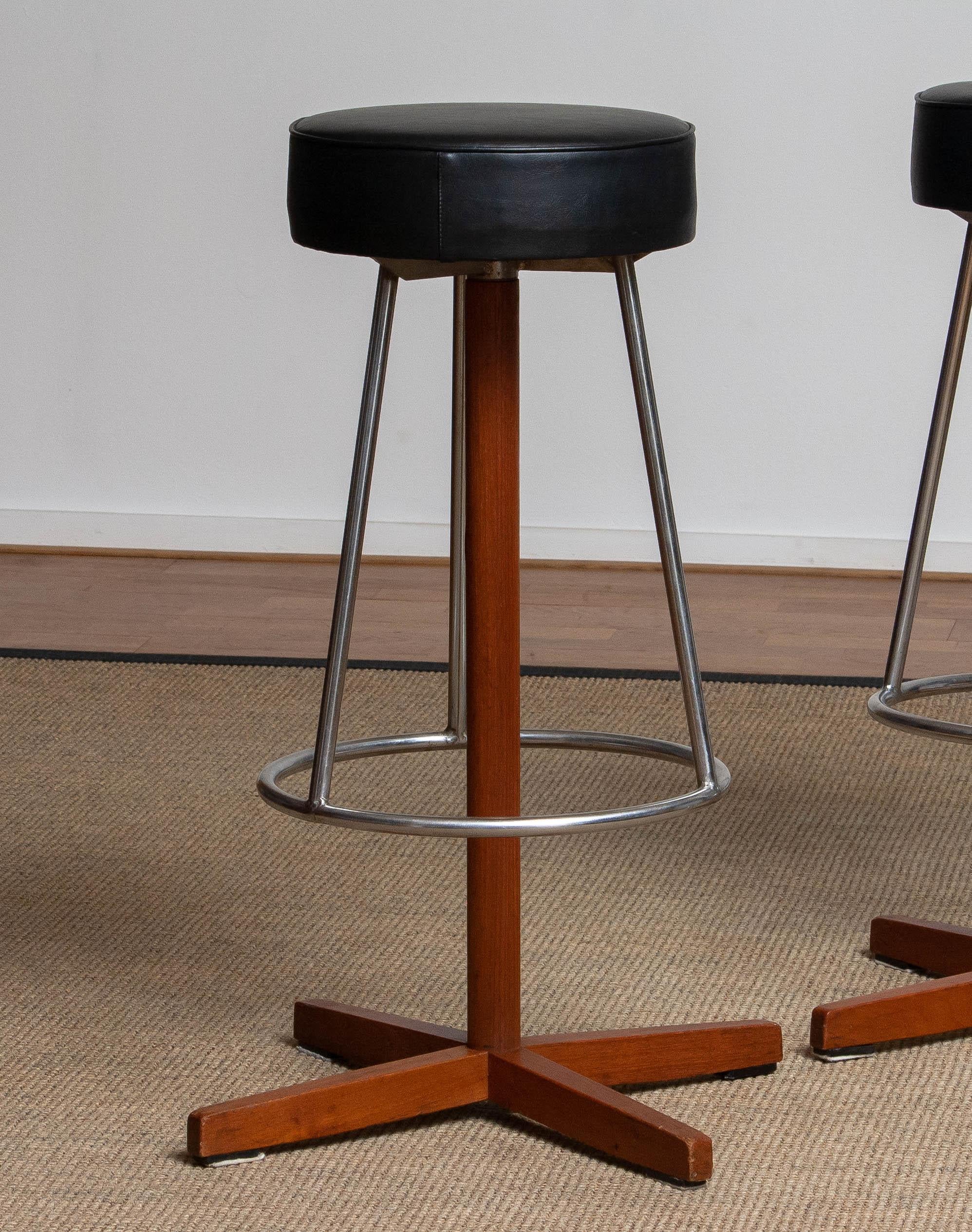 Steel Three Vintage Teak and Chrome Swivel Bar Stools By Johanson Design from Sweden For Sale