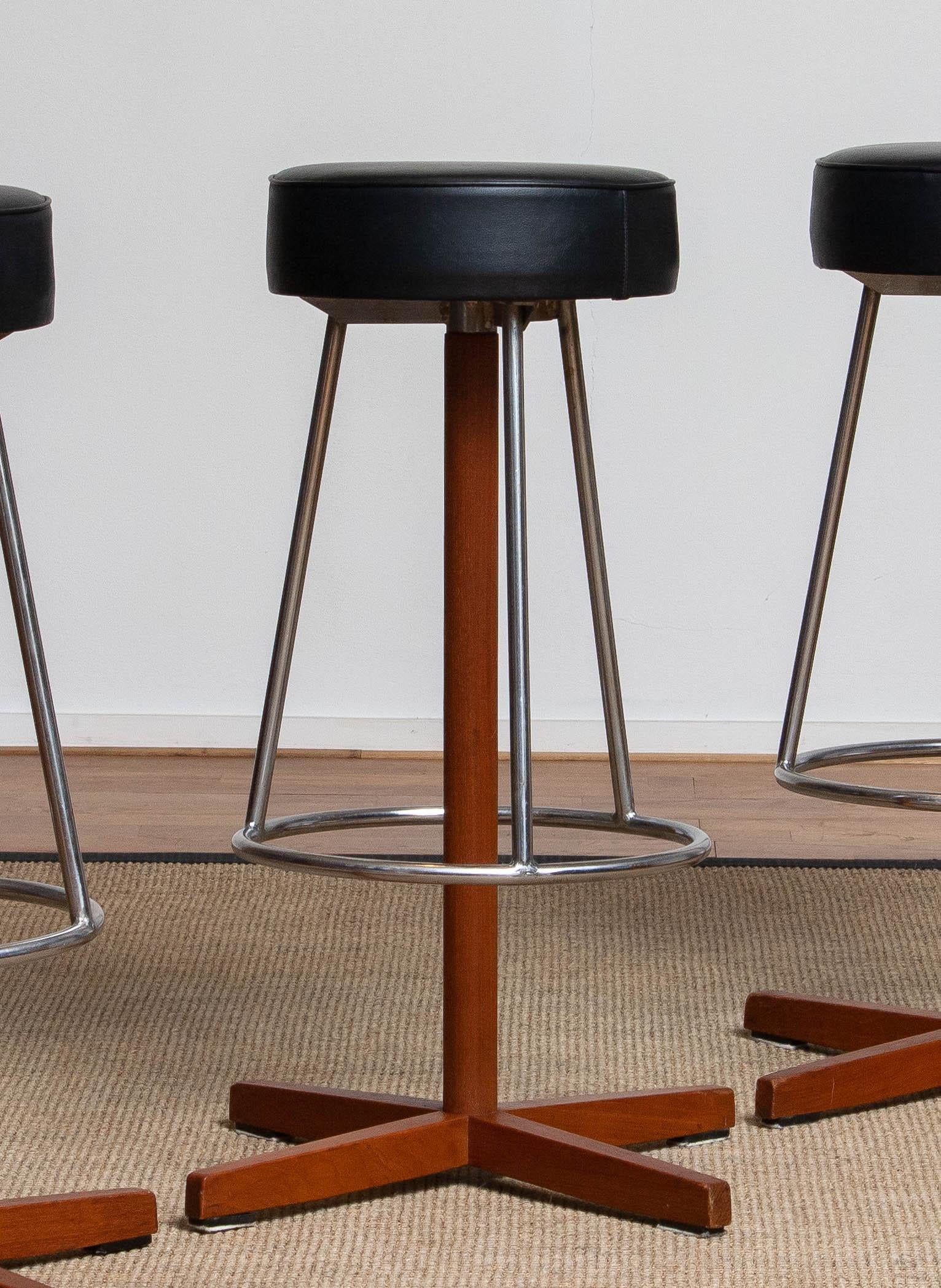 Three Vintage Teak and Chrome Swivel Bar Stools By Johanson Design from Sweden For Sale 1