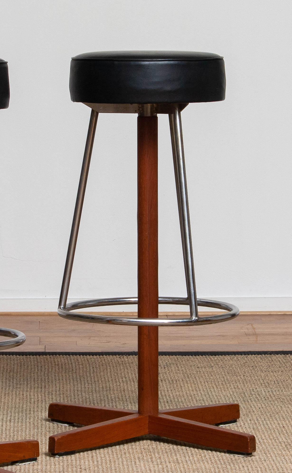 Three Vintage Teak and Chrome Swivel Bar Stools By Johanson Design from Sweden For Sale 2