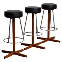 Three Vintage Teak and Chrome Swivel Bar Stools By Johanson Design from Sweden