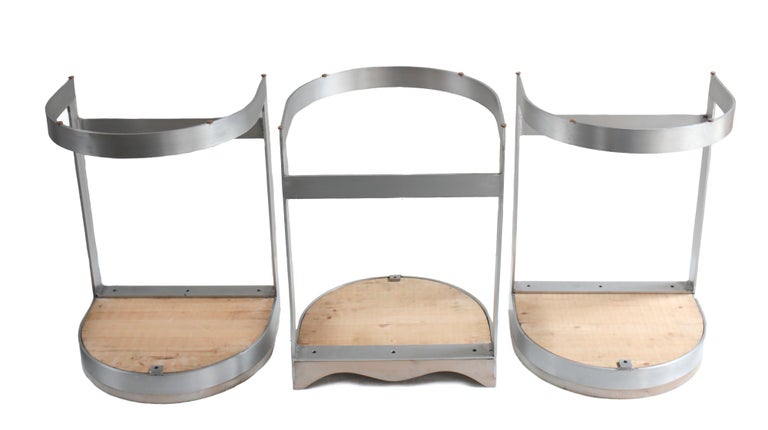 Three Vintage White Oak and Brushed Aluminum Saddle Barstools by Warren Bacon For Sale 6