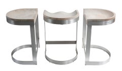 Trois tabourets de bar vintage en chêne blanc et aluminium brossé de Warren Bacon