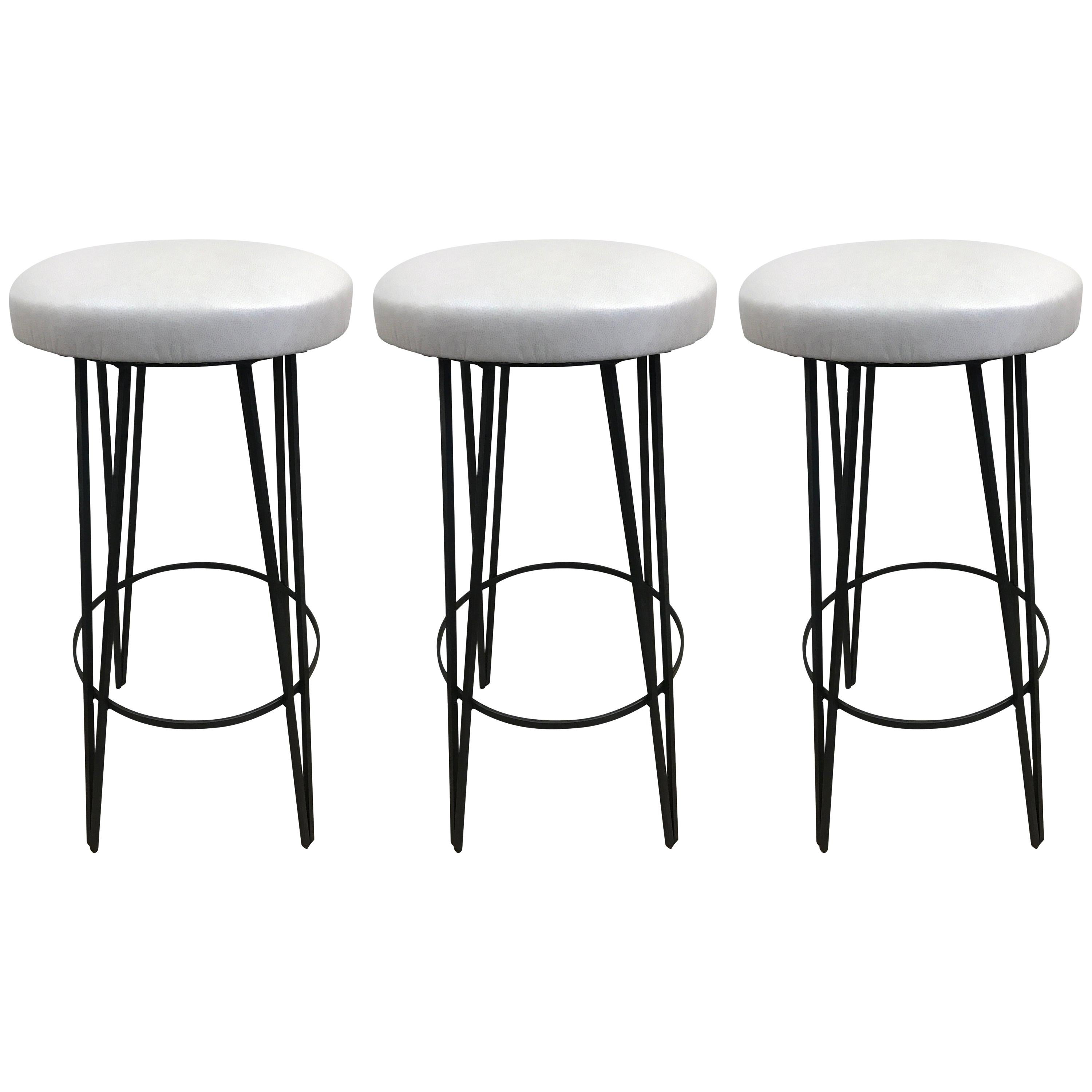 Pair Of Vintage Woodard Wrought Iron Stools For Sale at 1stDibs