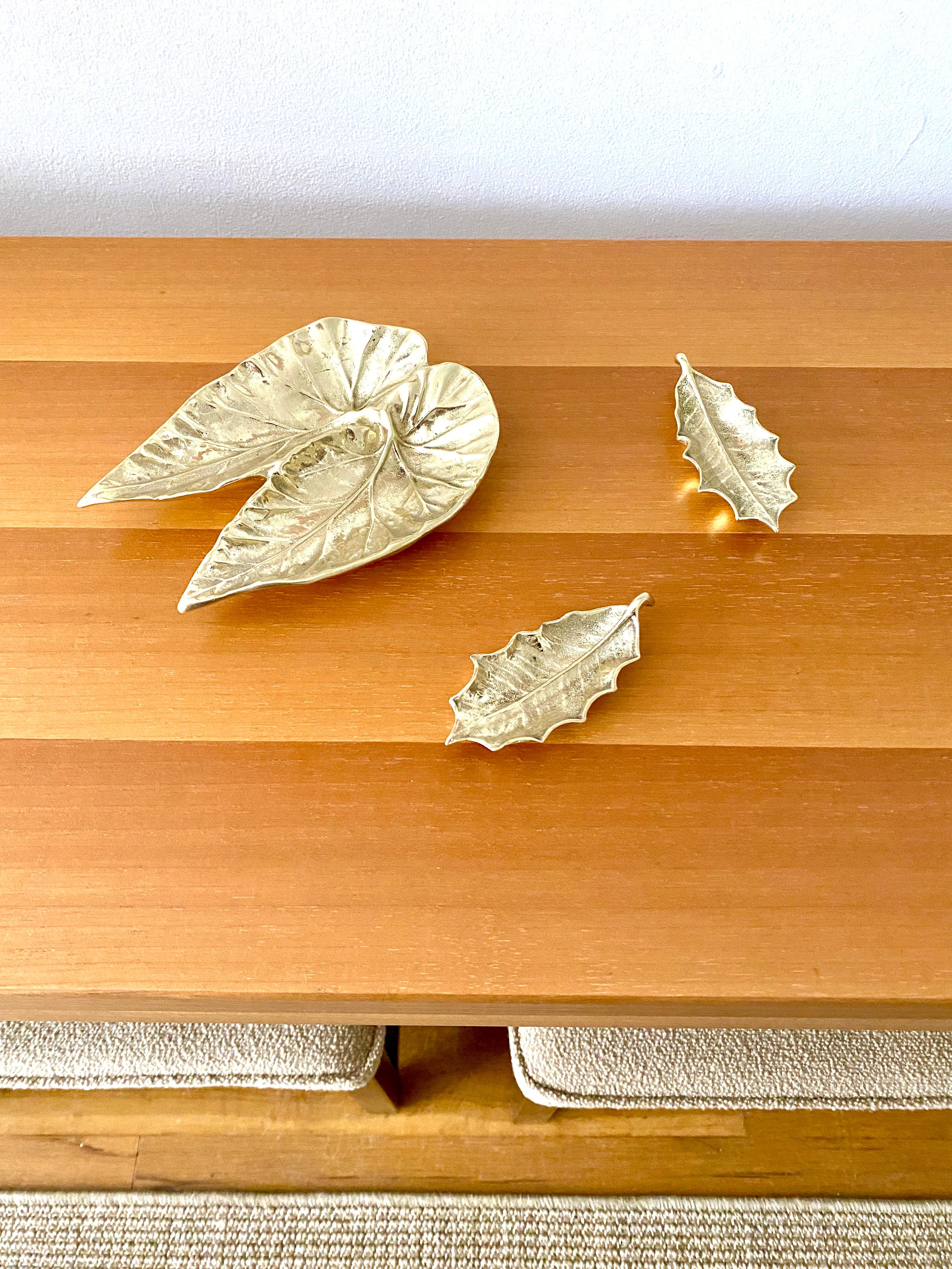 Folk Art Three Virginia Metalcrafters Brass Leaves, One Angel Wing and Two Holly Leaves For Sale