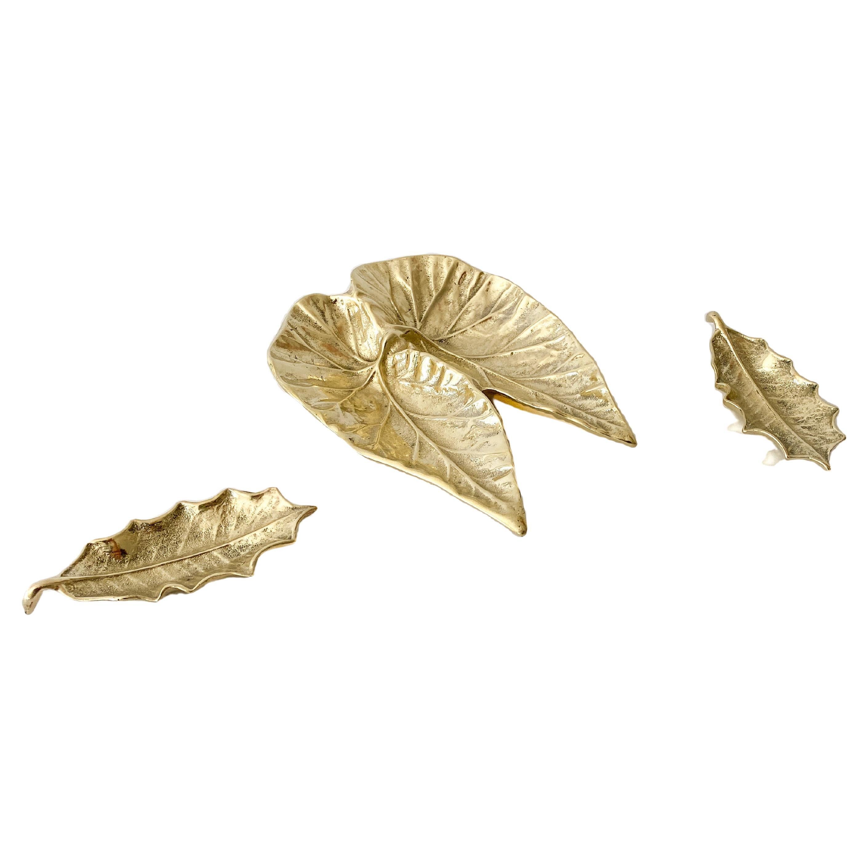 Three Virginia Metalcrafters Brass Leaves, One Angel Wing and Two Holly Leaves For Sale