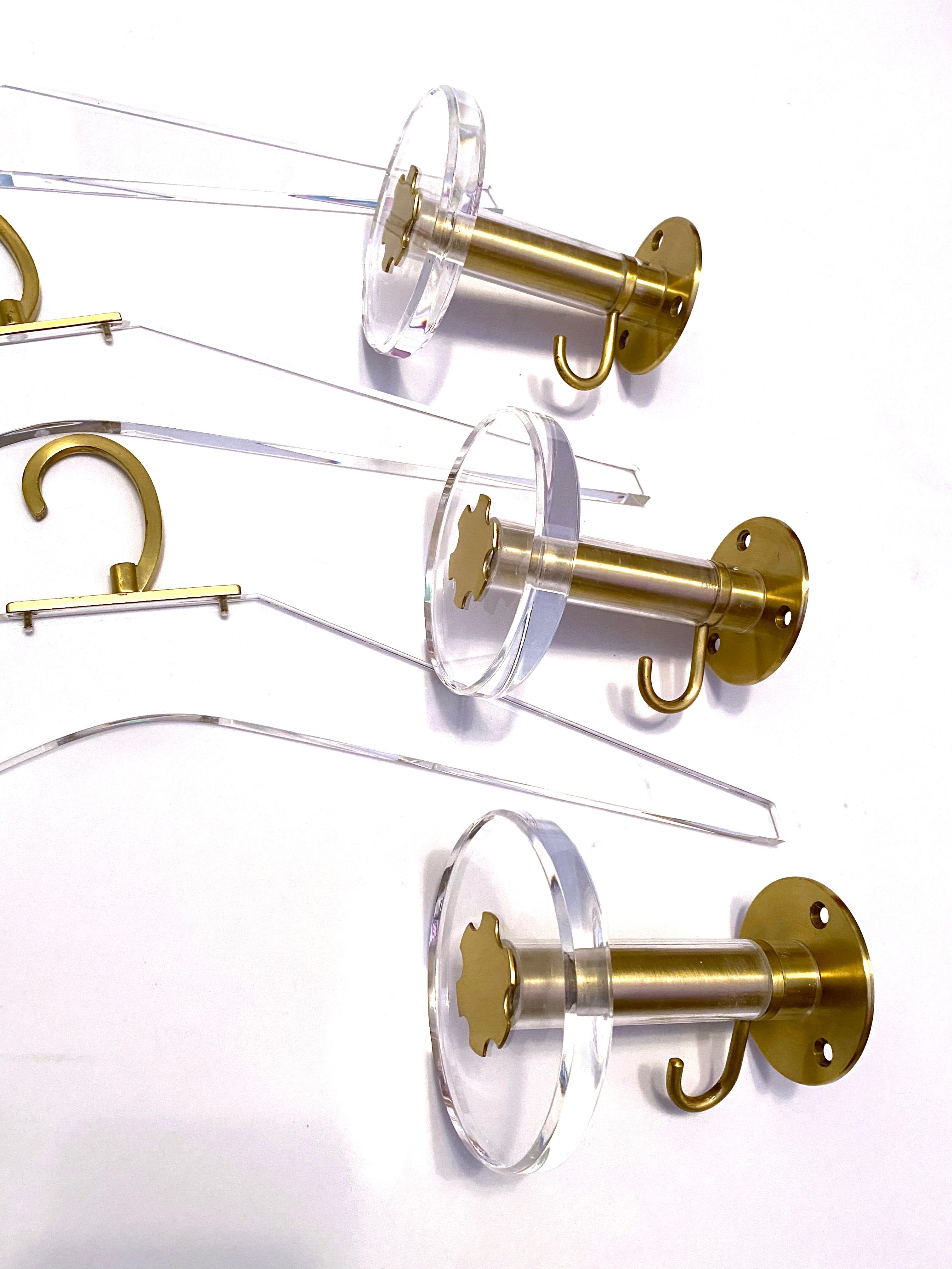 Mid-Century Modern Three Wall Coat Hooks and Cloth Hanger Sets Lucite and Brass, 1970s German For Sale